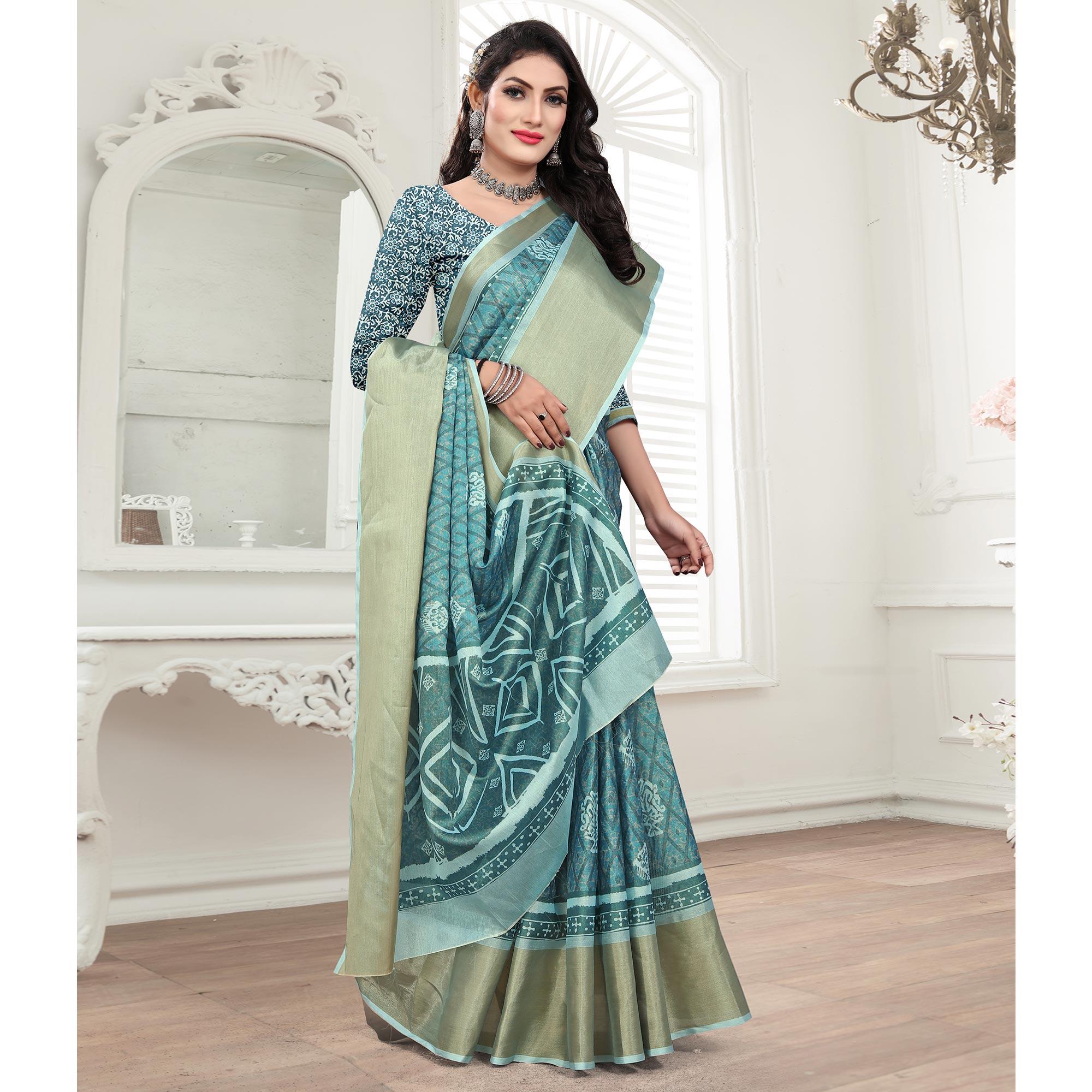Firoji Casual Wear Digital Printed Cotton Silk Saree - Peachmode
