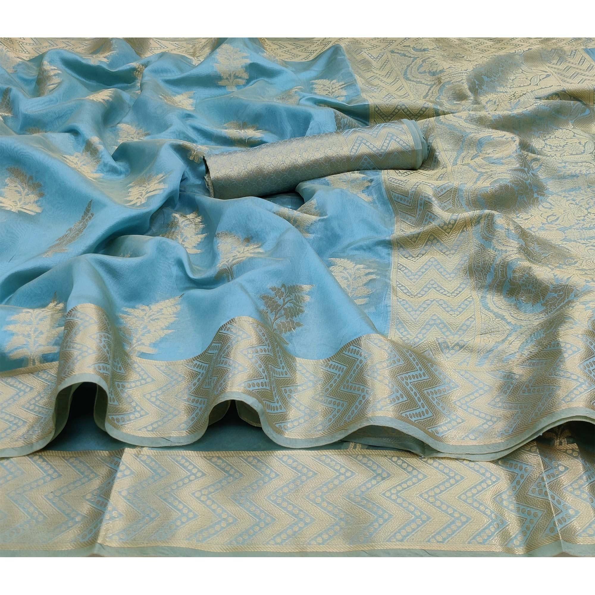 Firoji Festive Wear Woven Soft Organza Saree - Peachmode