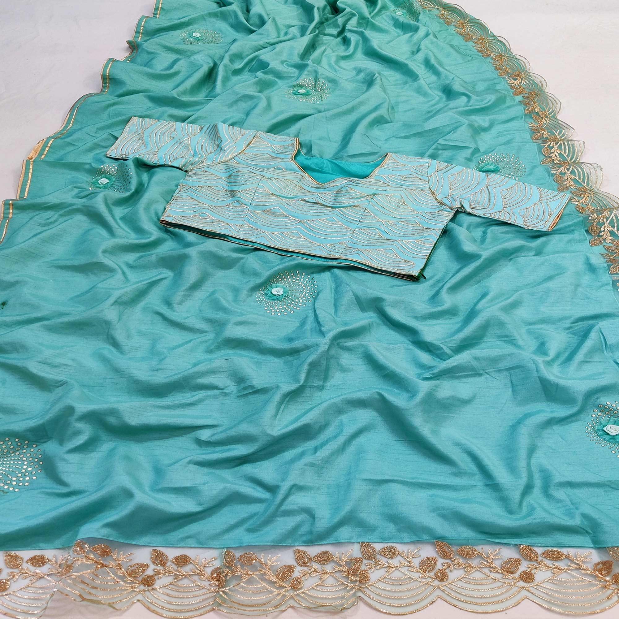 Firoji Partywear Floral Mukeish Embroidered Dola Silk Saree - Peachmode