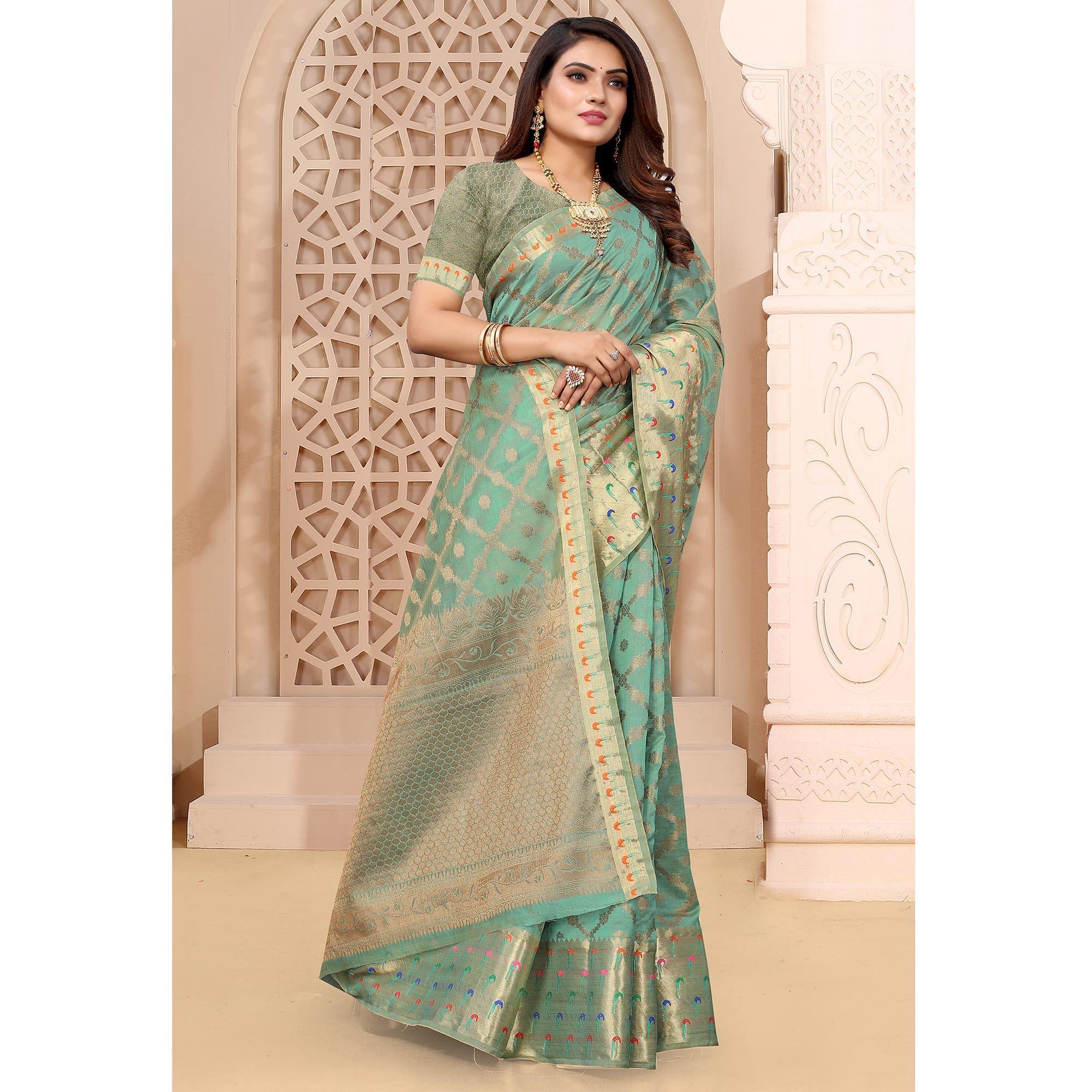 Firoji Woven Organza Saree - Peachmode