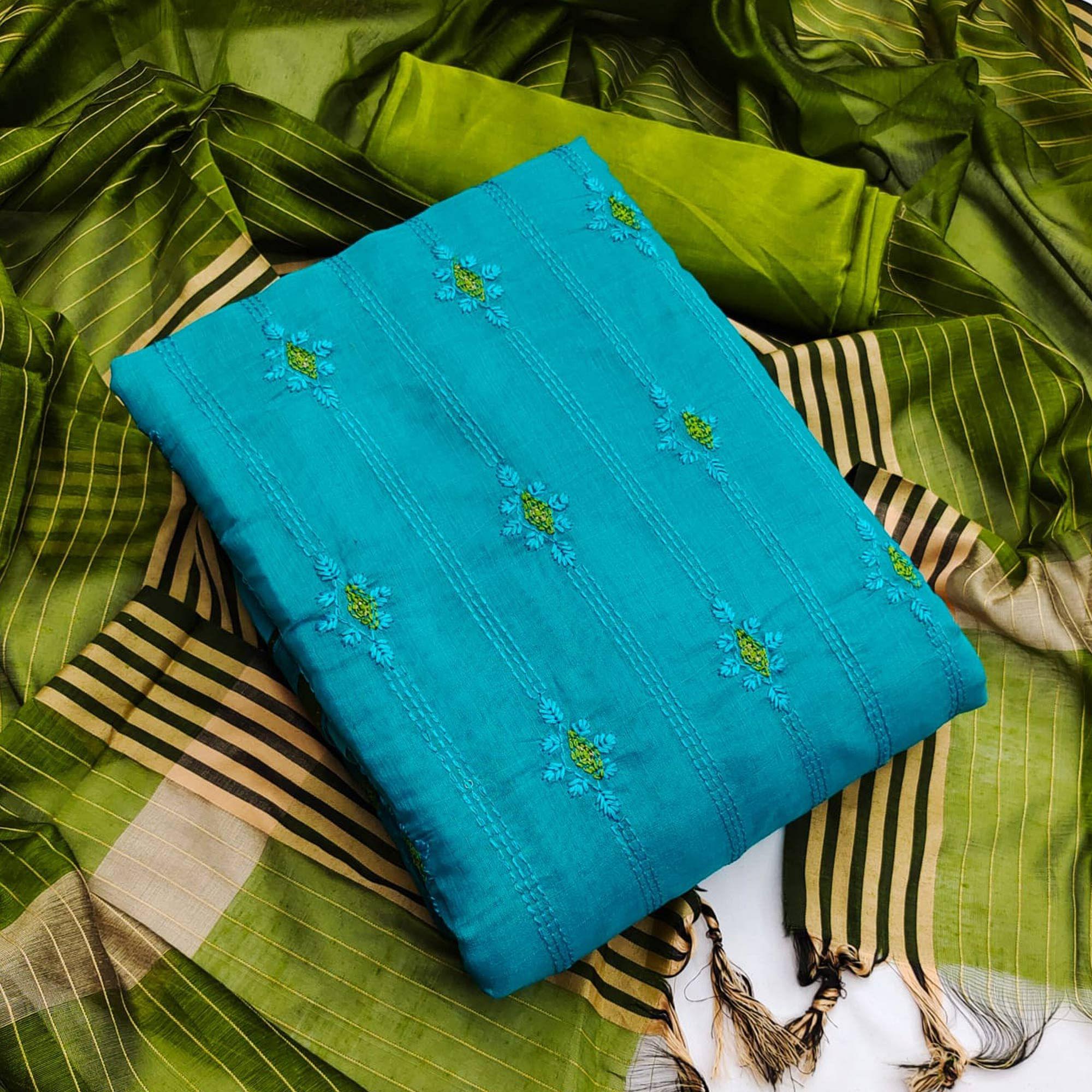 Firozi-Blue Casual Wear Embroidered Chanderi Dress Material - Peachmode