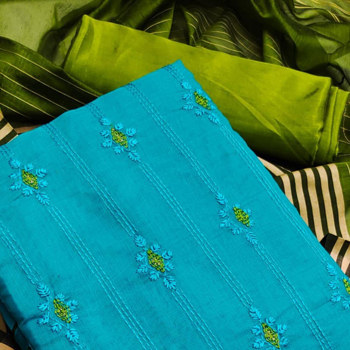 Firozi-Blue Casual Wear Embroidered Chanderi Dress Material - Peachmode