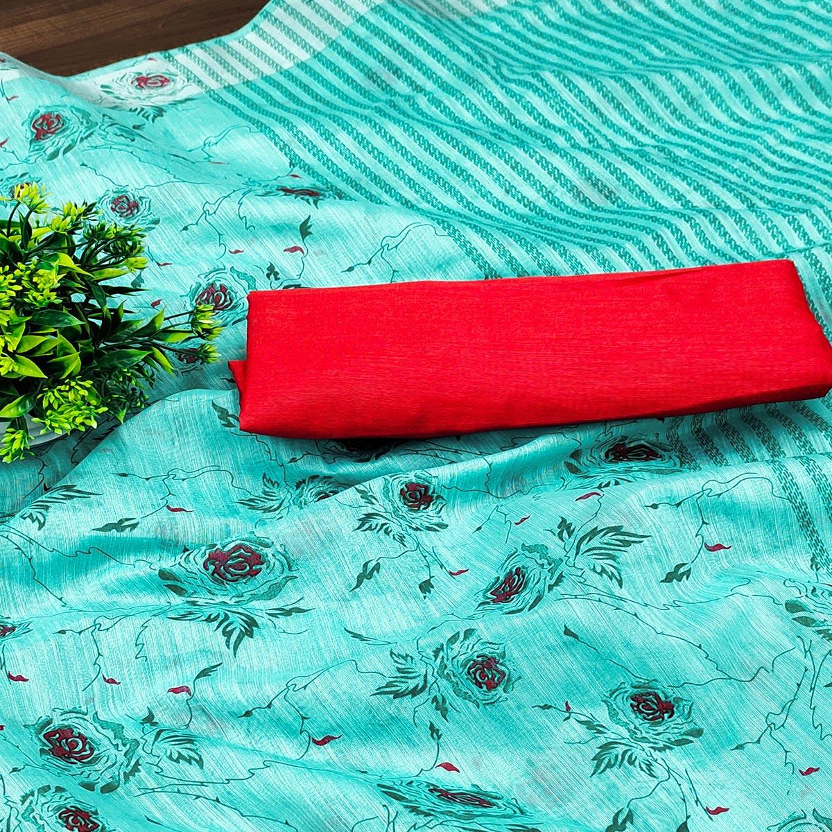 Firozi Casual Wear Floral Block Printed Cotton Blend Saree - Peachmode