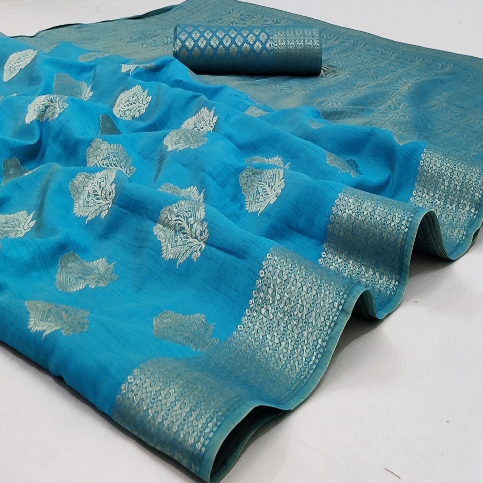 Firozi Festive Wear Floral Woven Art Silk Saree - Peachmode