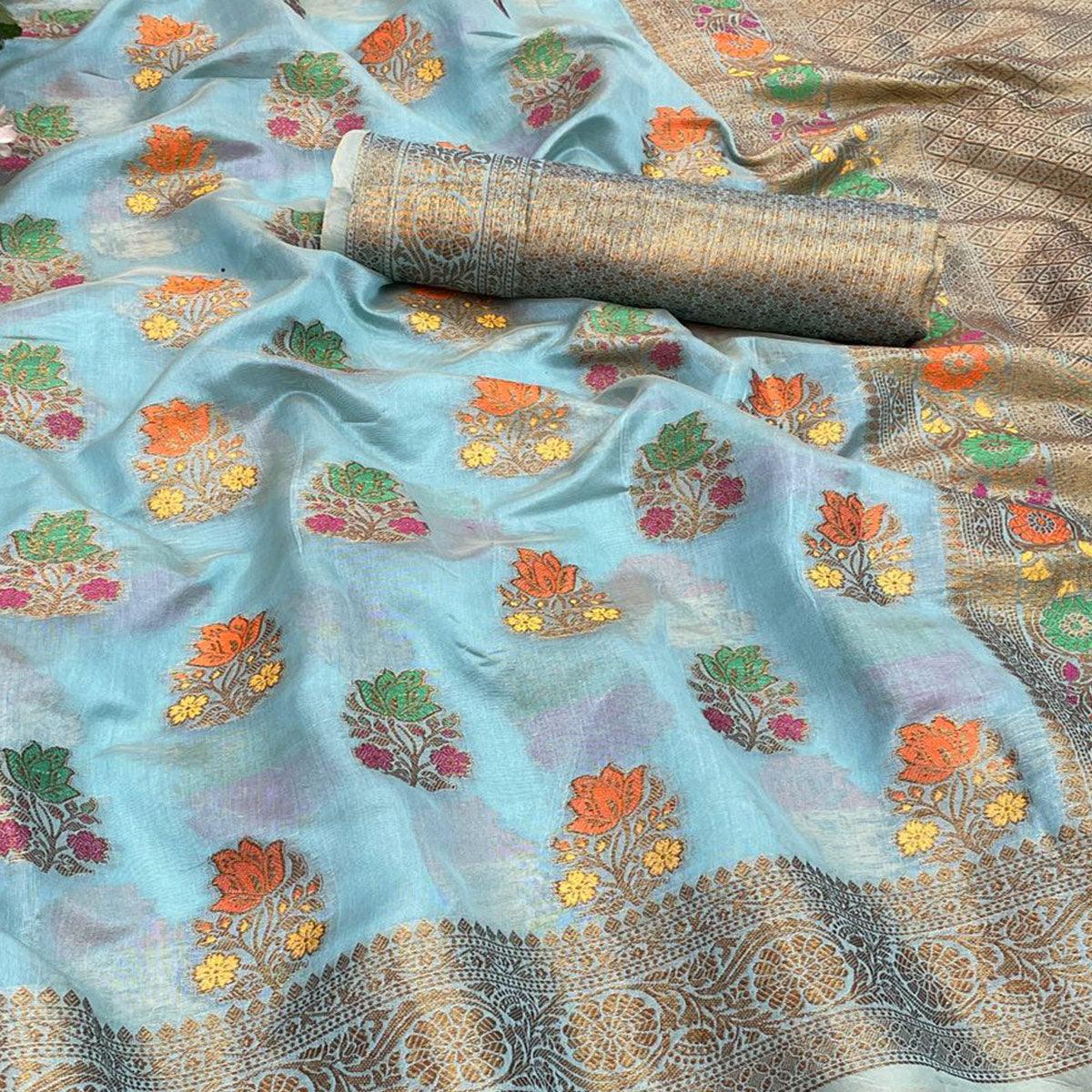 Firozi Festive Wear Floral Woven Pure Soft Organza Saree - Peachmode