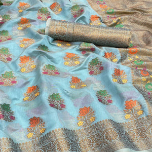 Firozi Festive Wear Floral Woven Pure Soft Organza Saree - Peachmode