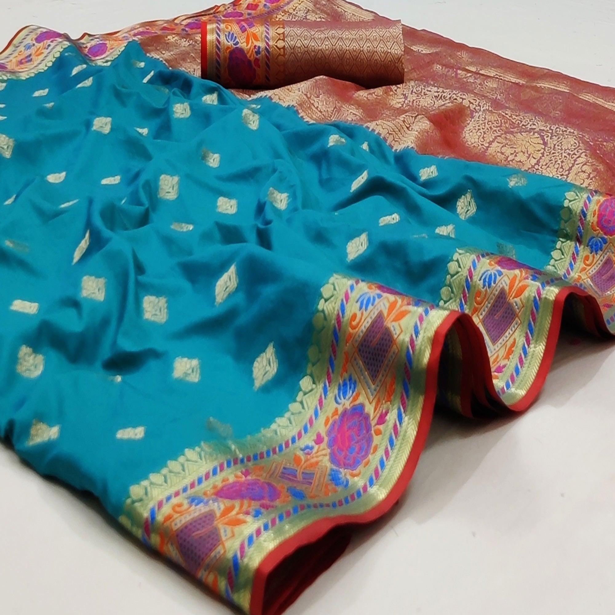Firozi Festive Wear Floral Woven Soft Silk Saree With Jacquard Border - Peachmode