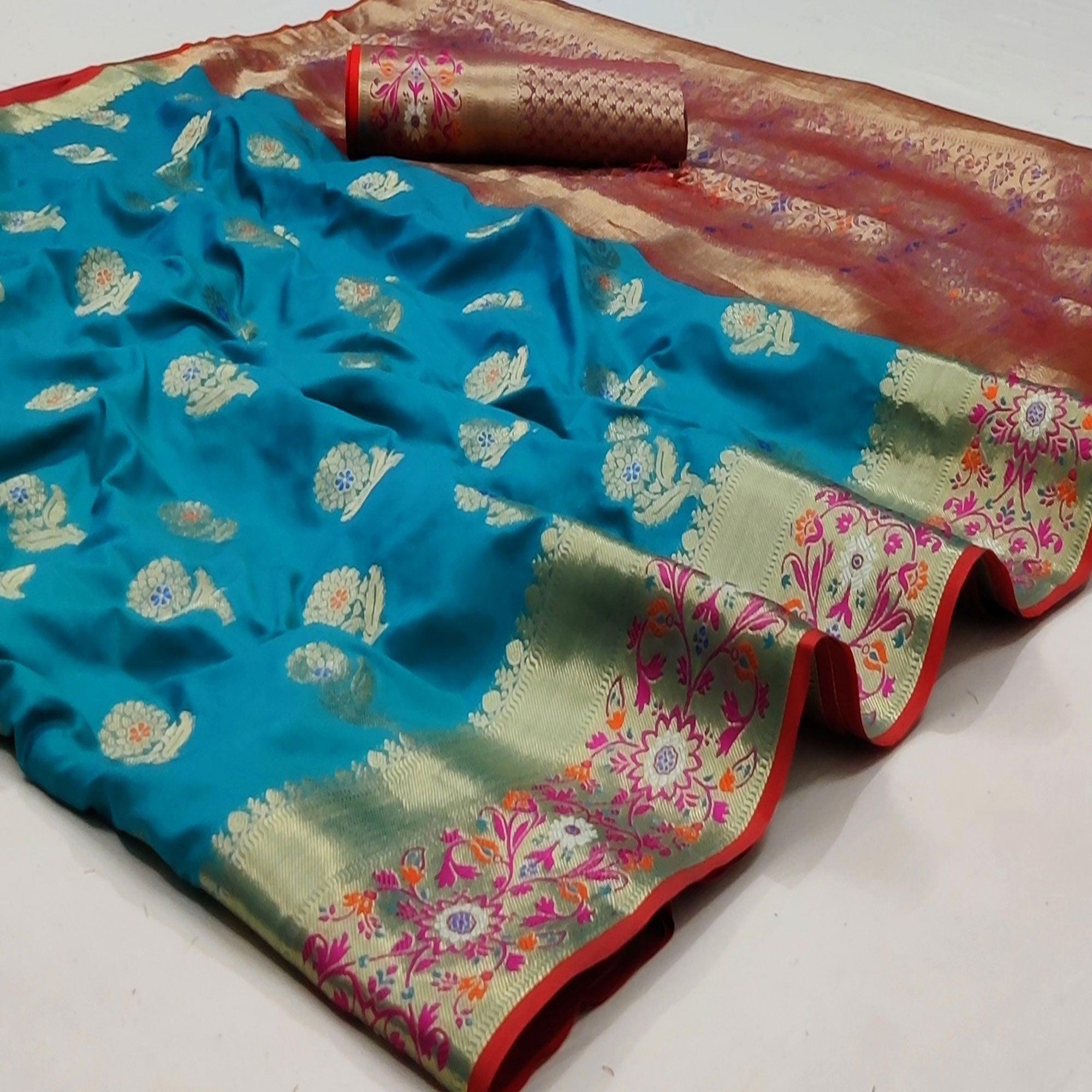 Firozi Festive Wear Floral Woven Soft Silk Saree With Jacquard Border - Peachmode
