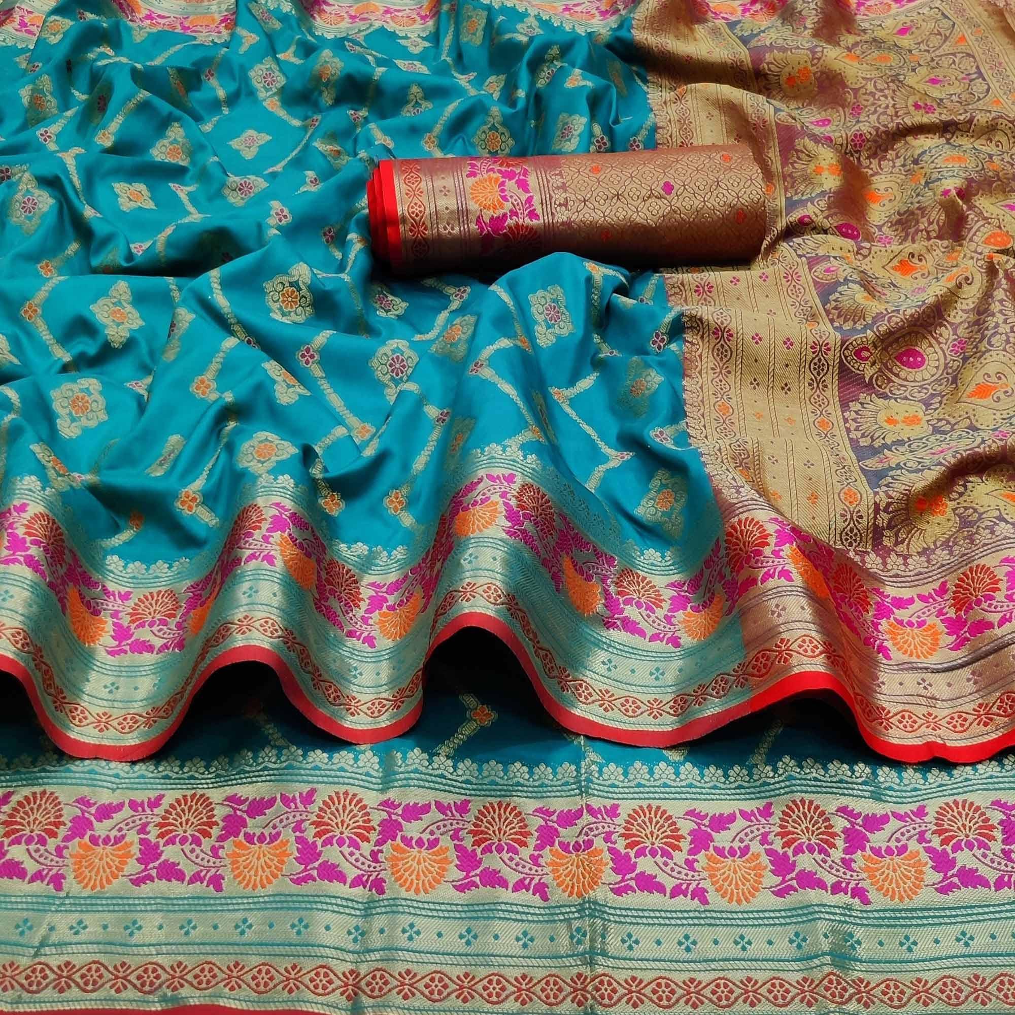 Firozi Festive Wear Floral Woven Soft Silk Saree With Jacquard Border - Peachmode