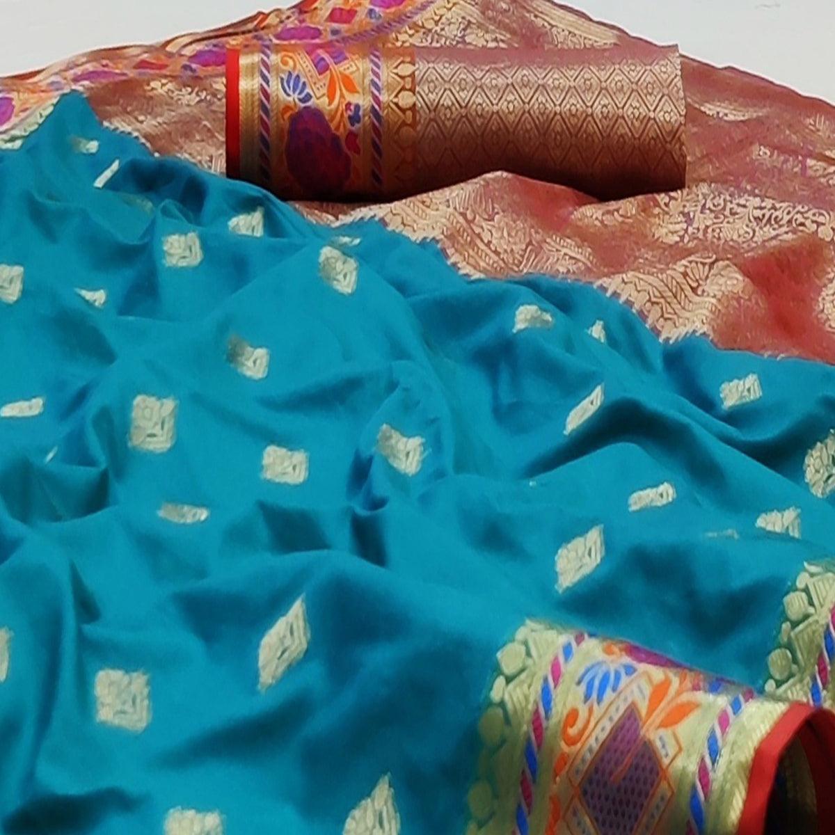 Firozi Festive Wear Floral Woven Soft Silk Saree With Jacquard Border - Peachmode