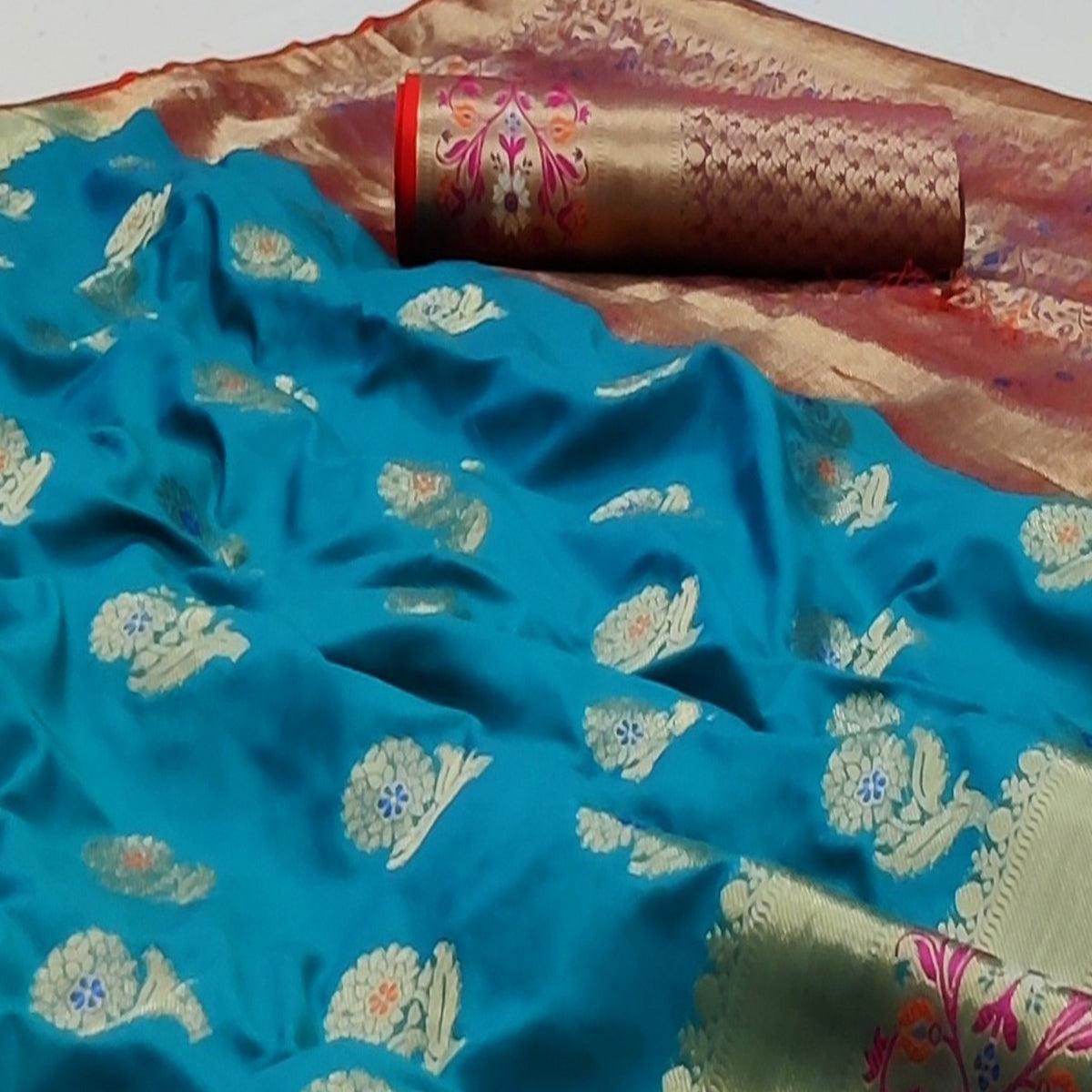 Firozi Festive Wear Floral Woven Soft Silk Saree With Jacquard Border - Peachmode