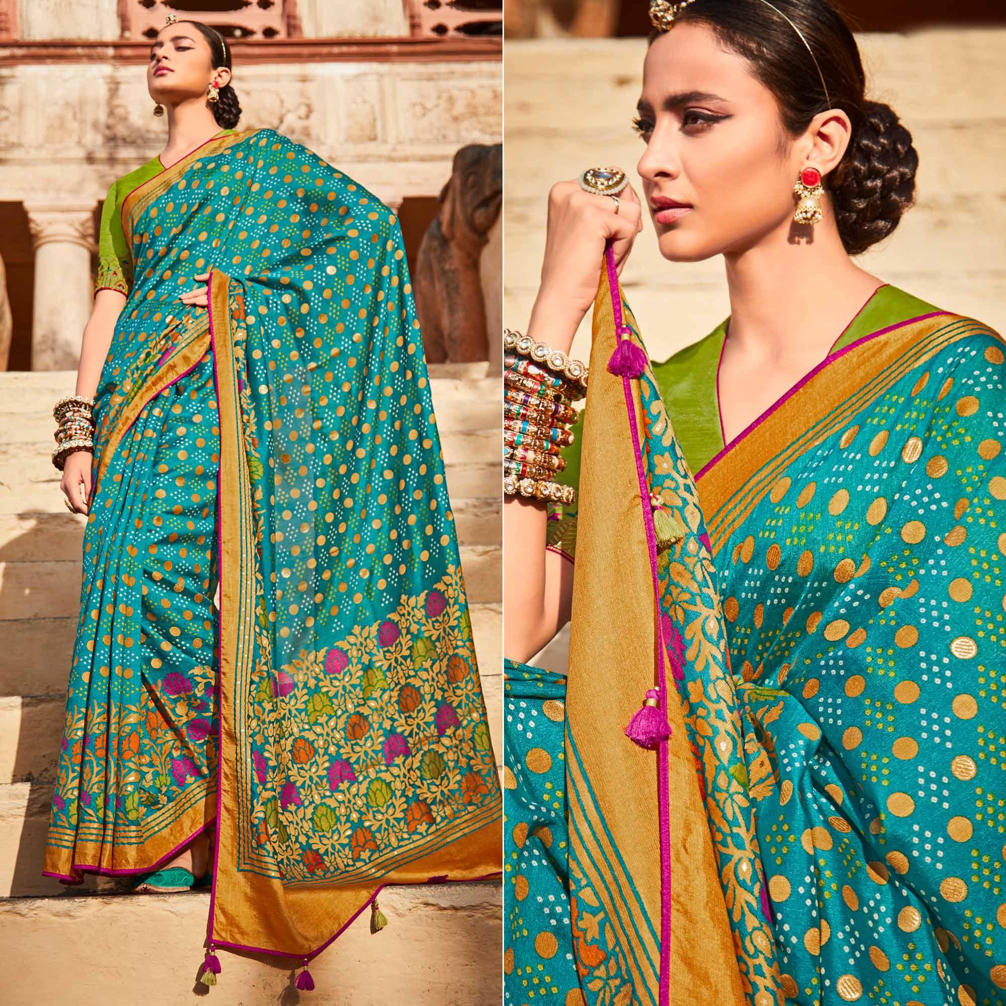 Firozi Festive Wear Printed Silk Saree - Peachmode