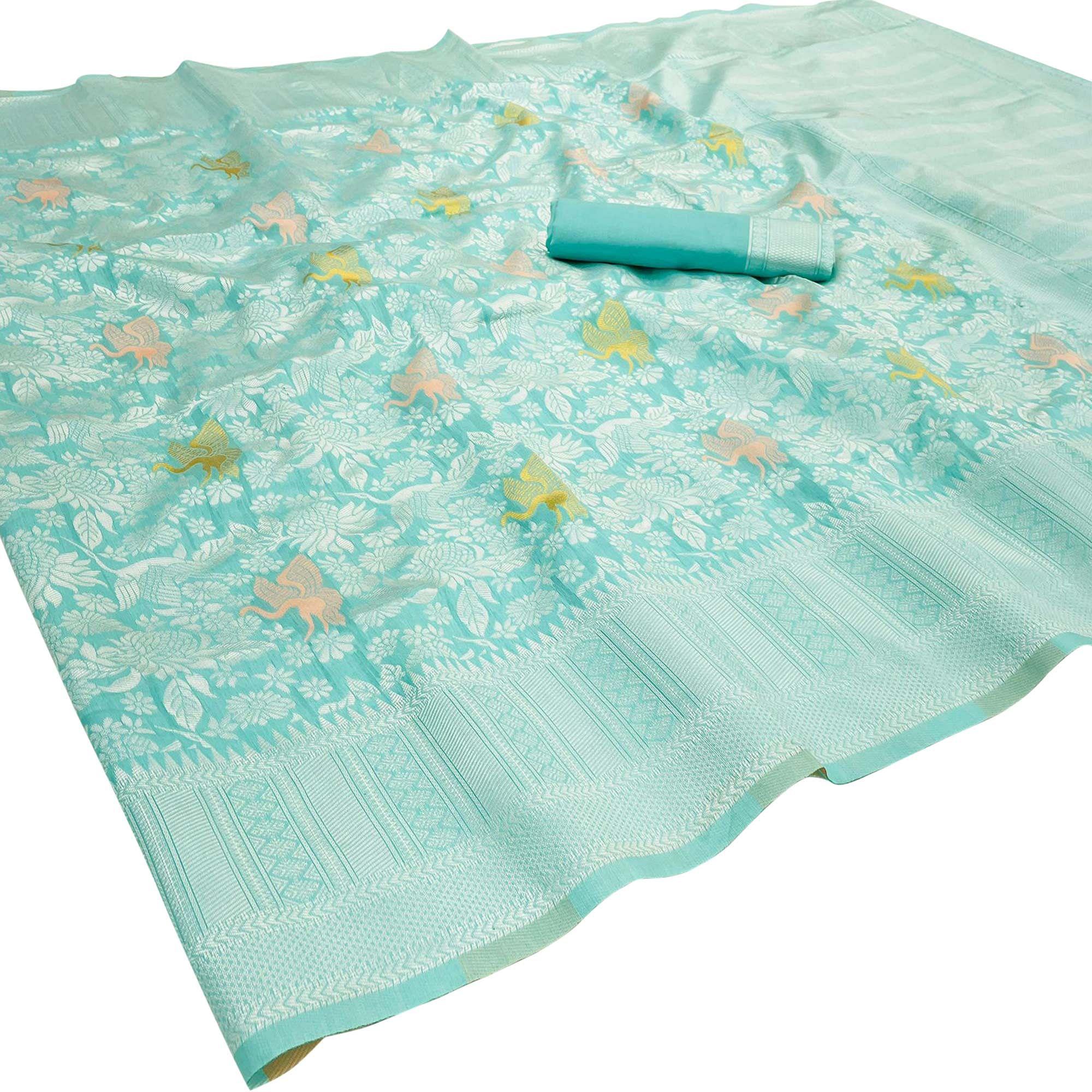 Firozi Festive Wear Woven Art Silk Saree - Peachmode
