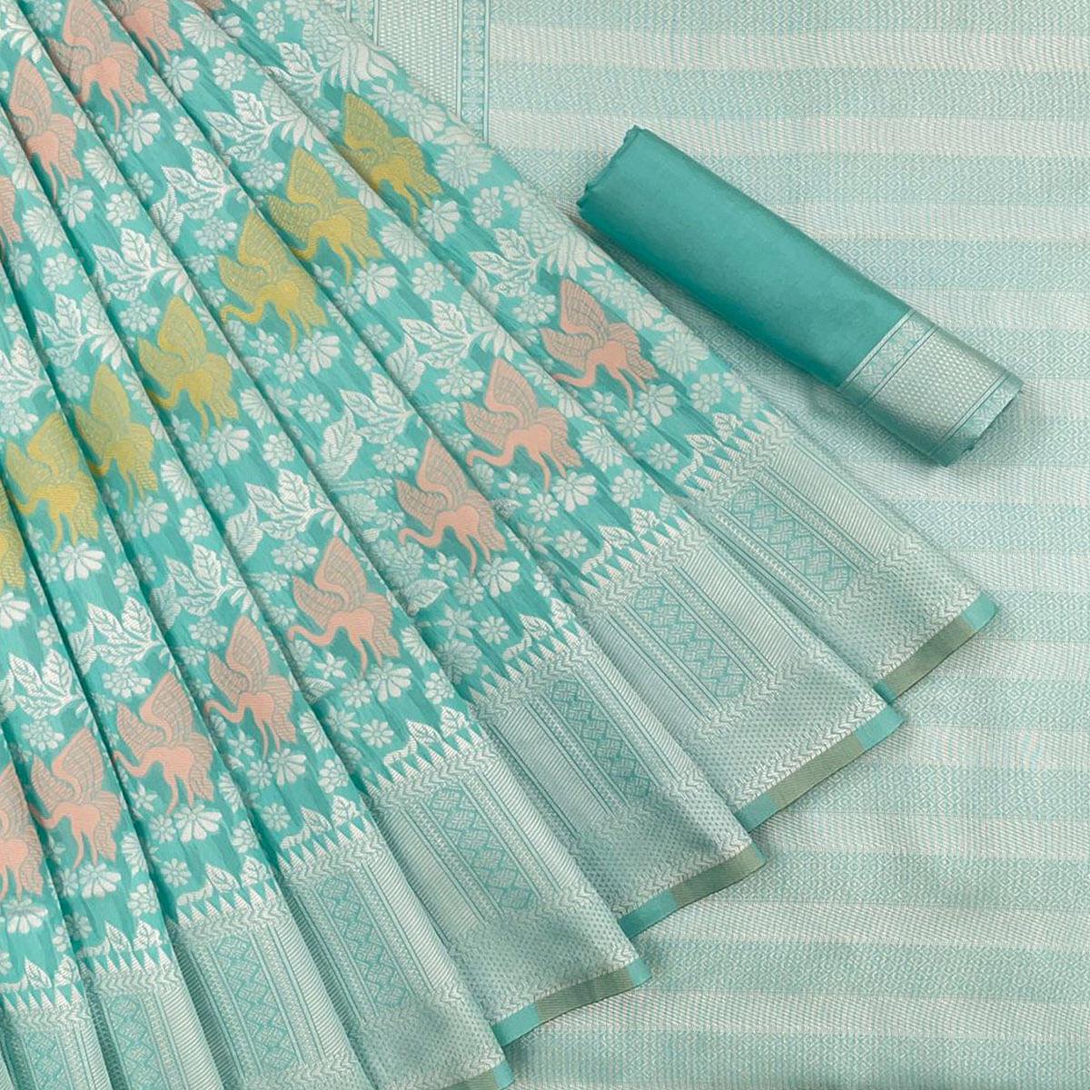 Firozi Festive Wear Woven Art Silk Saree - Peachmode