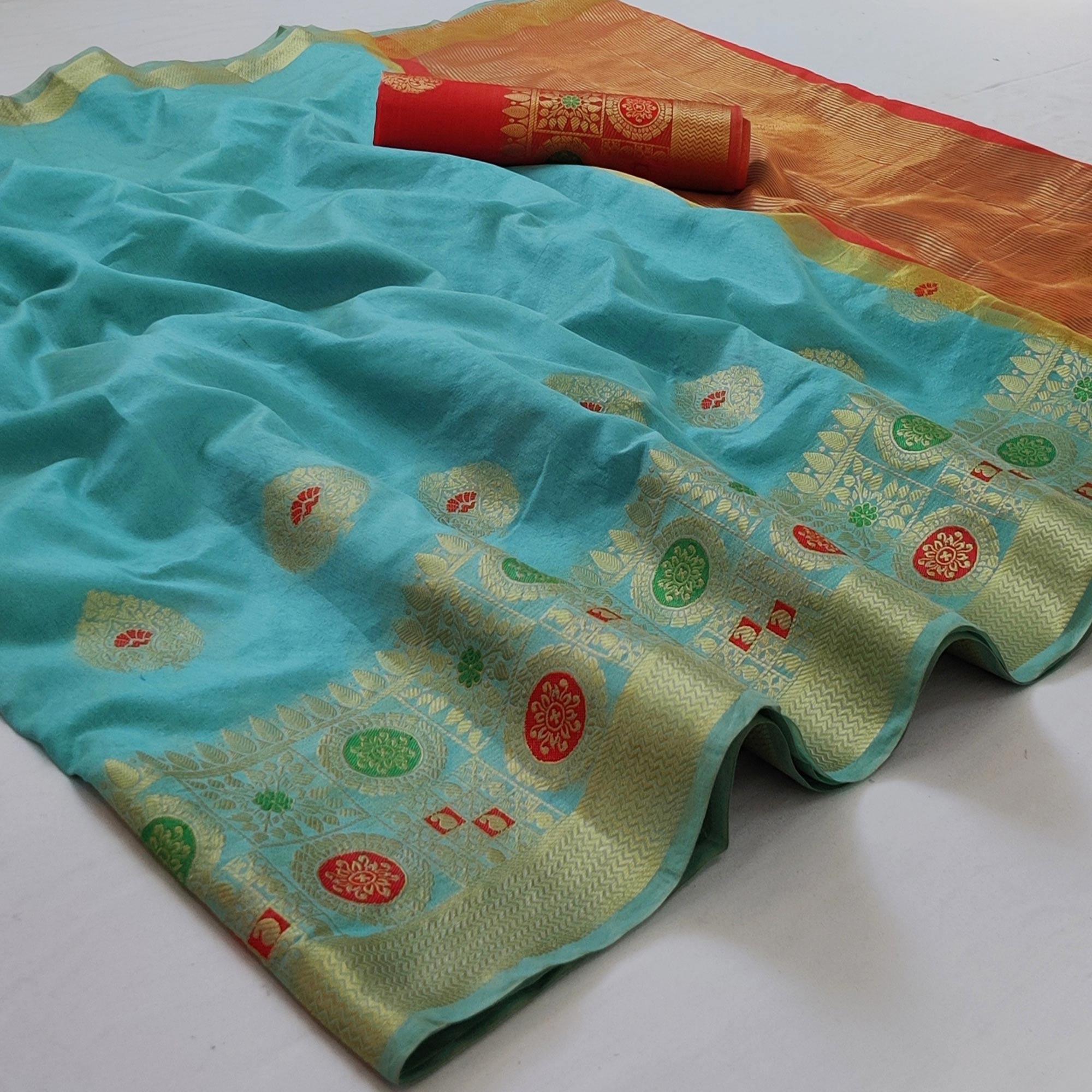 Firozi Festive Wear Woven Banarasi Saree With Butta And Jacquard Border - Peachmode