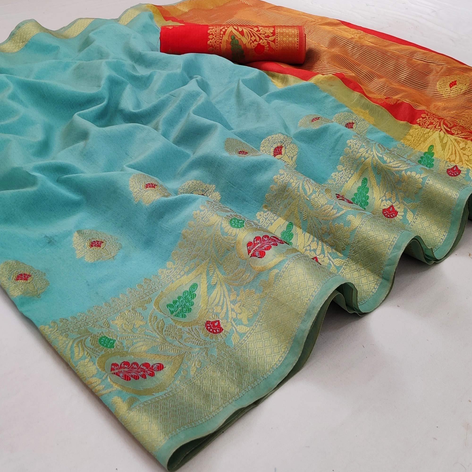 Firozi Festive Wear Woven Banarasi Saree With Butta And Jacquard Border - Peachmode