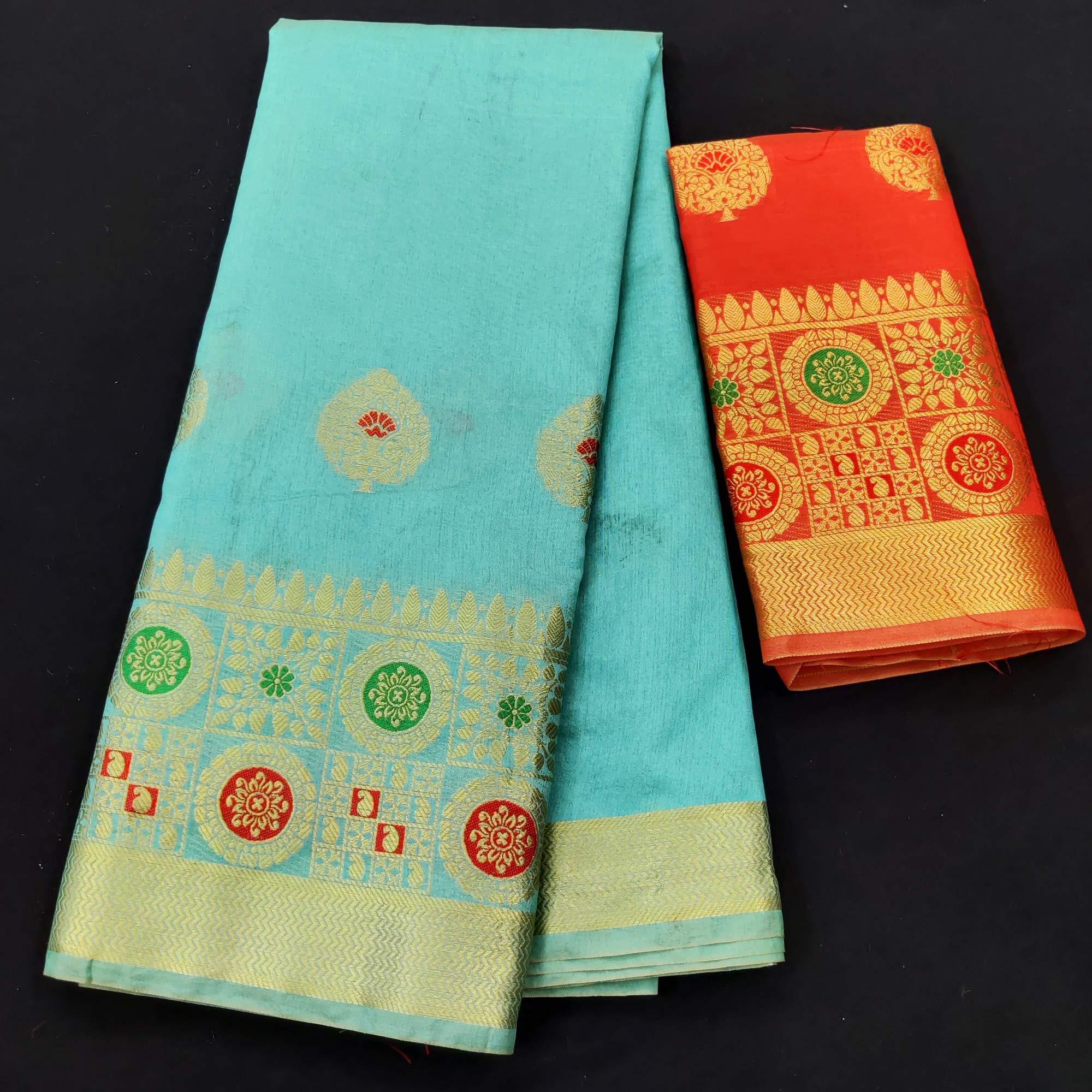 Firozi Festive Wear Woven Banarasi Saree With Butta And Jacquard Border - Peachmode