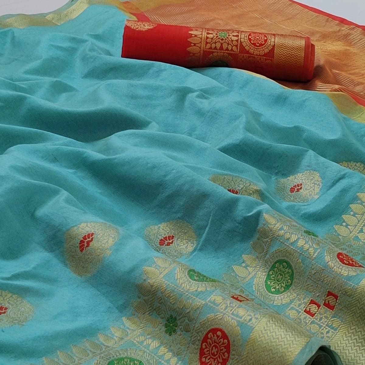 Firozi Festive Wear Woven Banarasi Saree With Butta And Jacquard Border - Peachmode