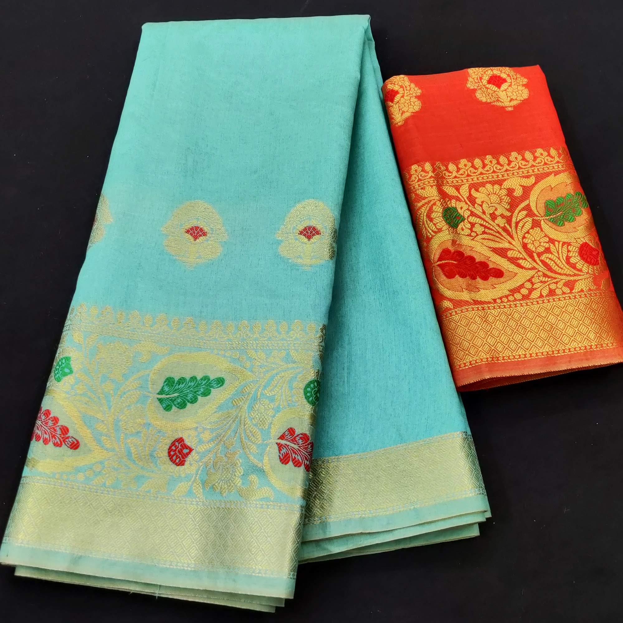 Firozi Festive Wear Woven Banarasi Saree With Butta And Jacquard Border - Peachmode