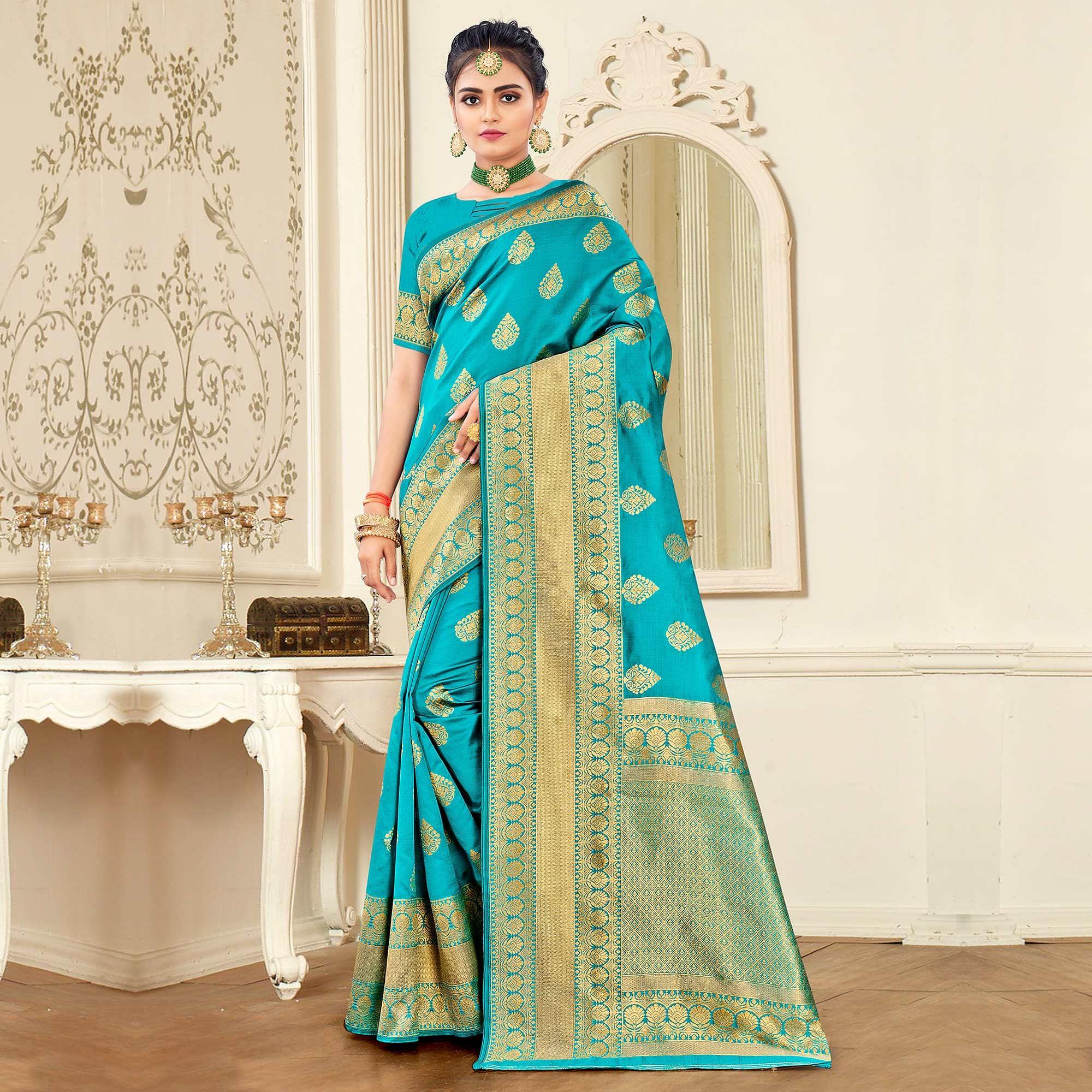 Firozi Festive Wear Woven Banarasi Silk Saree - Peachmode