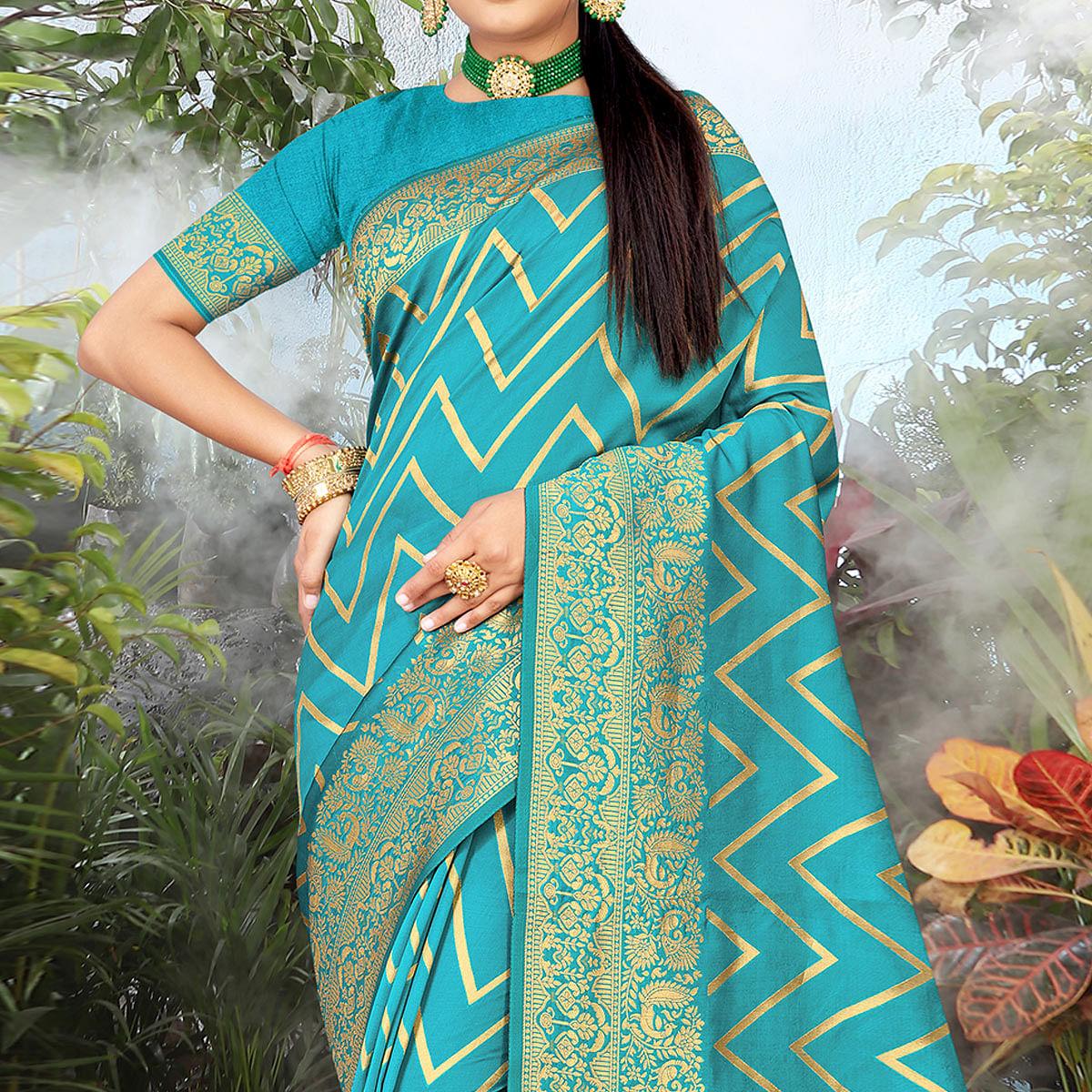 Firozi Festive Wear Woven Banarasi Silk Saree - Peachmode