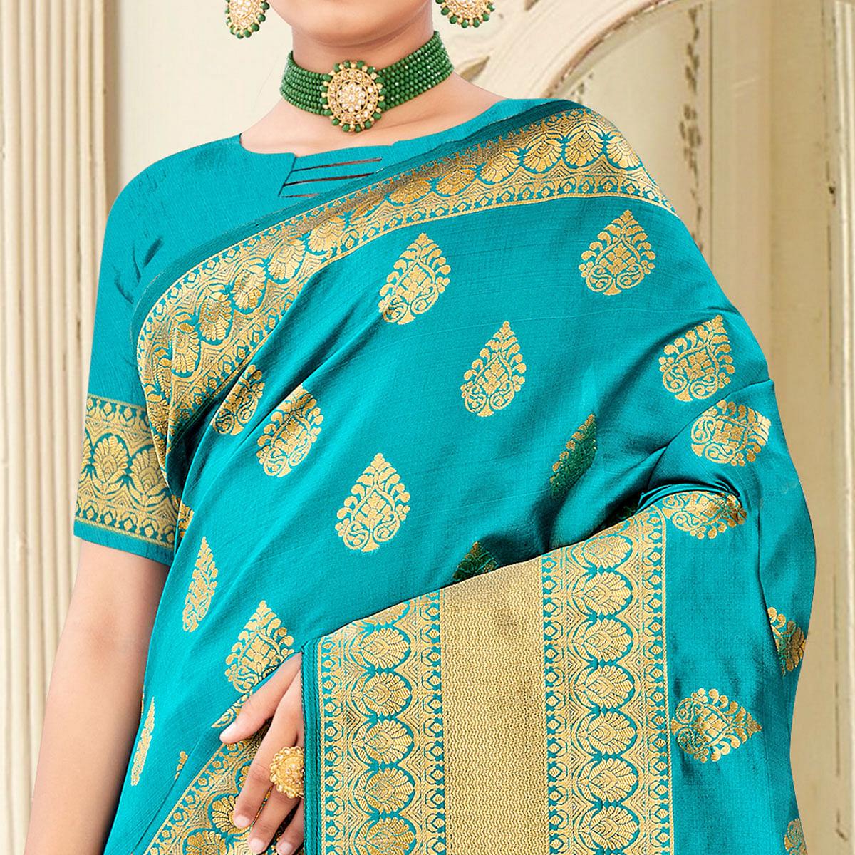 Firozi Festive Wear Woven Banarasi Silk Saree - Peachmode