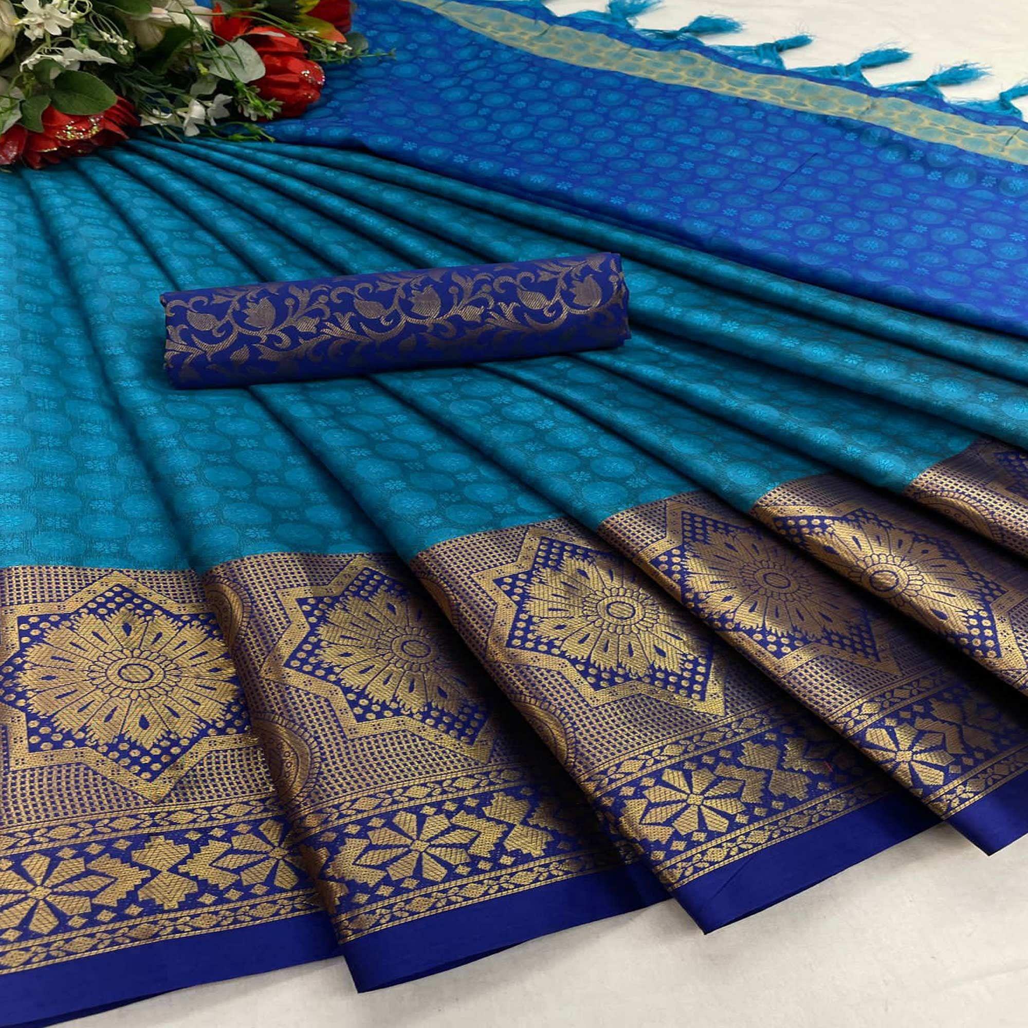 Firozi Festive Wear Woven Cotton Silk Saree - Peachmode