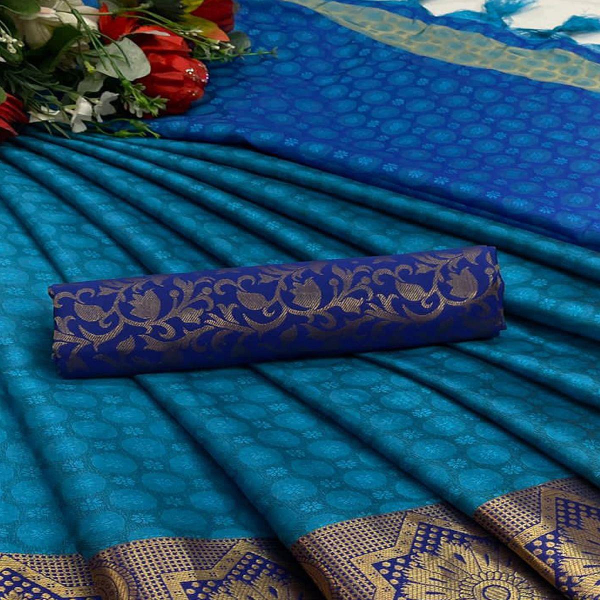 Firozi Festive Wear Woven Cotton Silk Saree - Peachmode