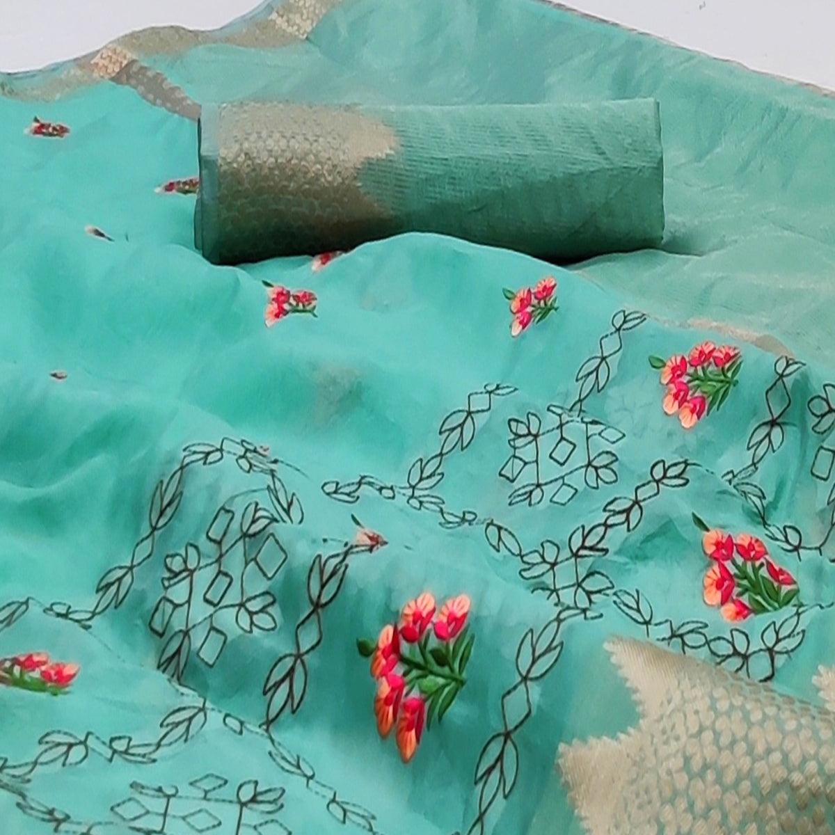 Firozi Festive Wear Woven Organza Saree With Floral Embroidery Butta Work - Peachmode