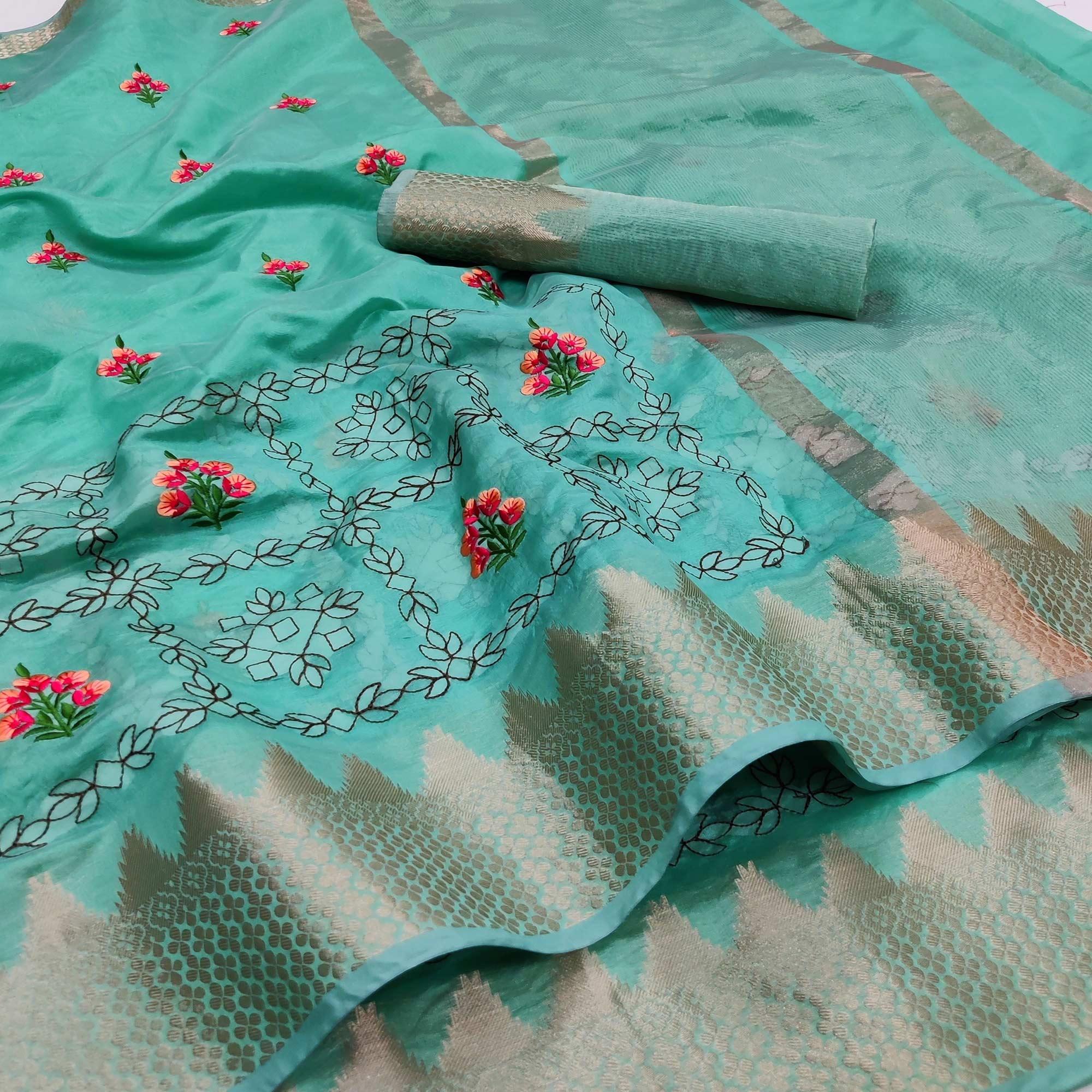 Firozi Festive Wear Woven Organza Saree With Floral Embroidery Butta Work - Peachmode