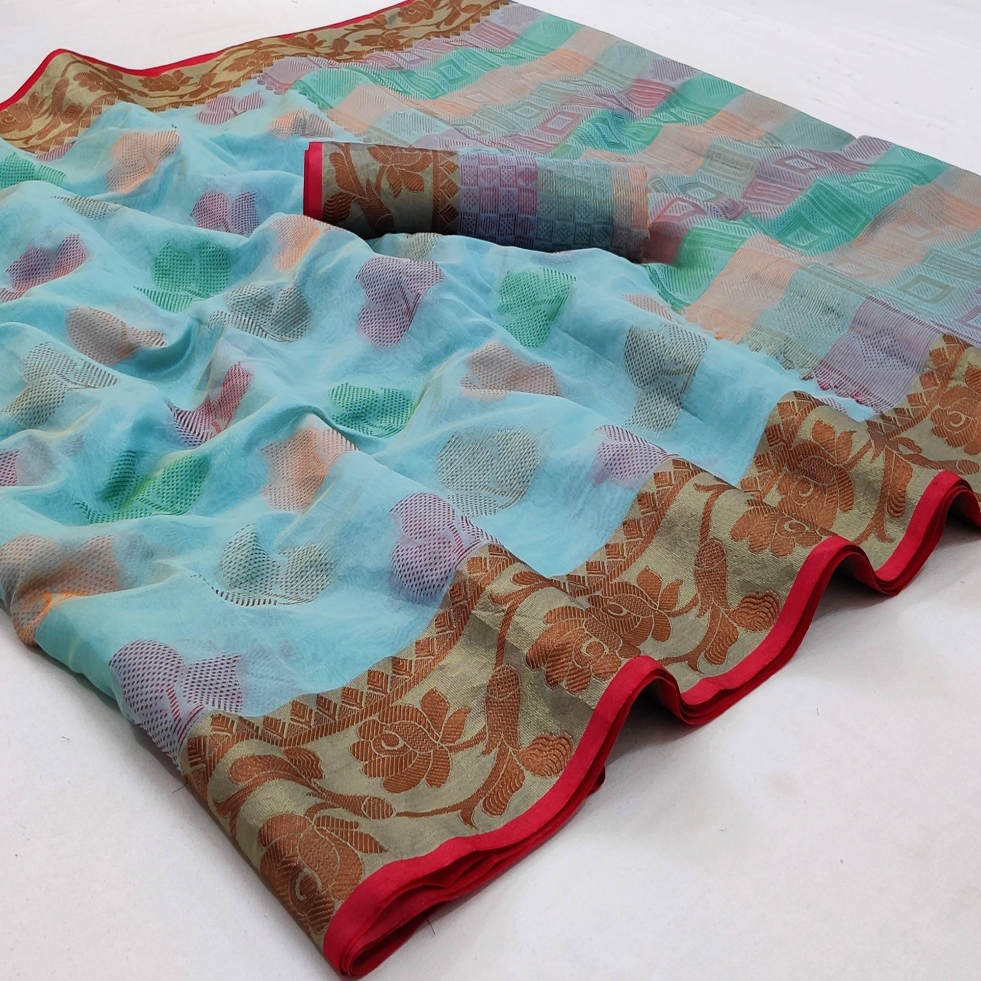 Firozi Festive Wear Woven Rich Pallu Organza Saree - Peachmode