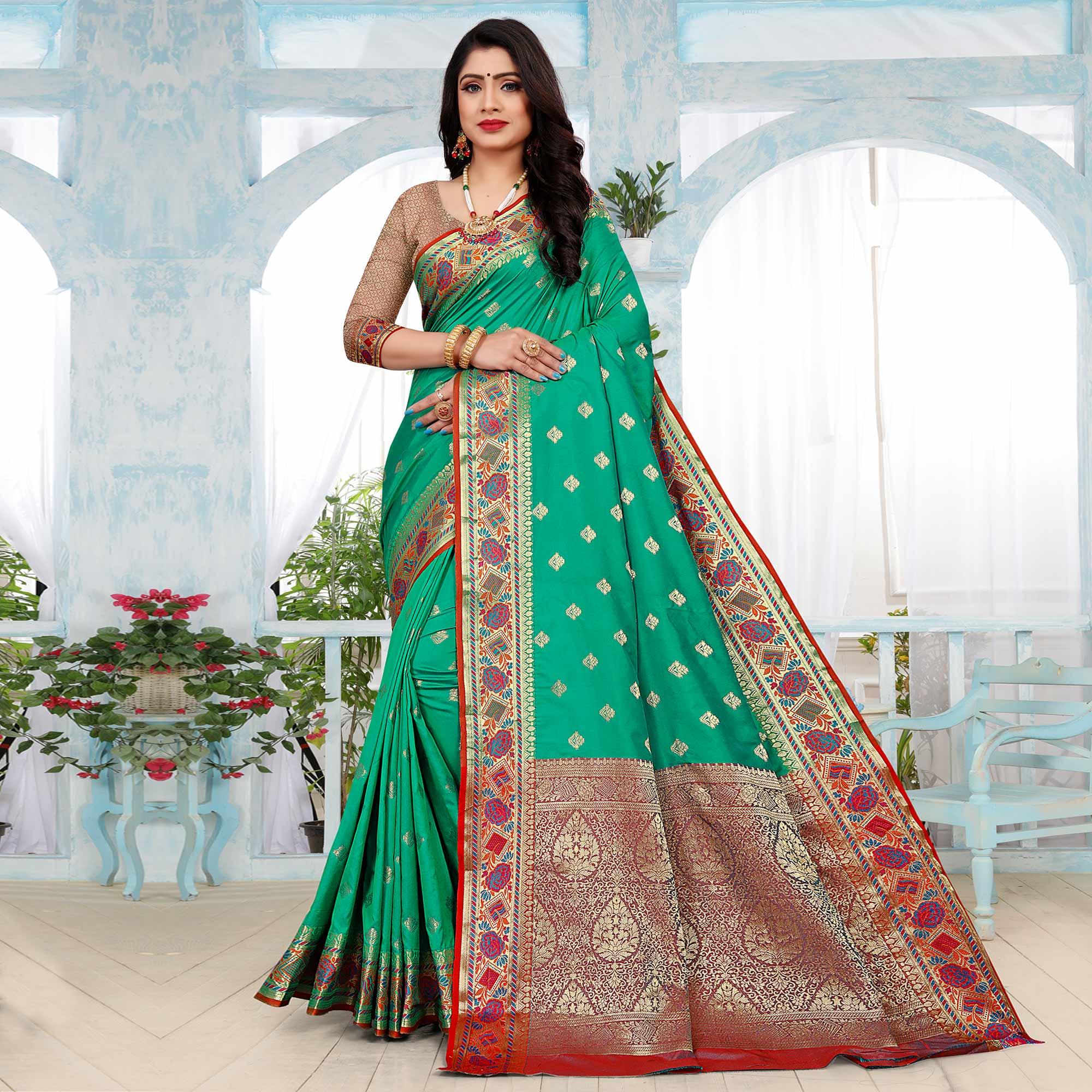 Firozi Festive Wear Woven Silk Saree - Peachmode