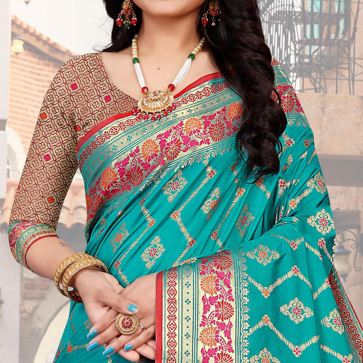 Firozi Festive Wear Woven Silk Saree - Peachmode