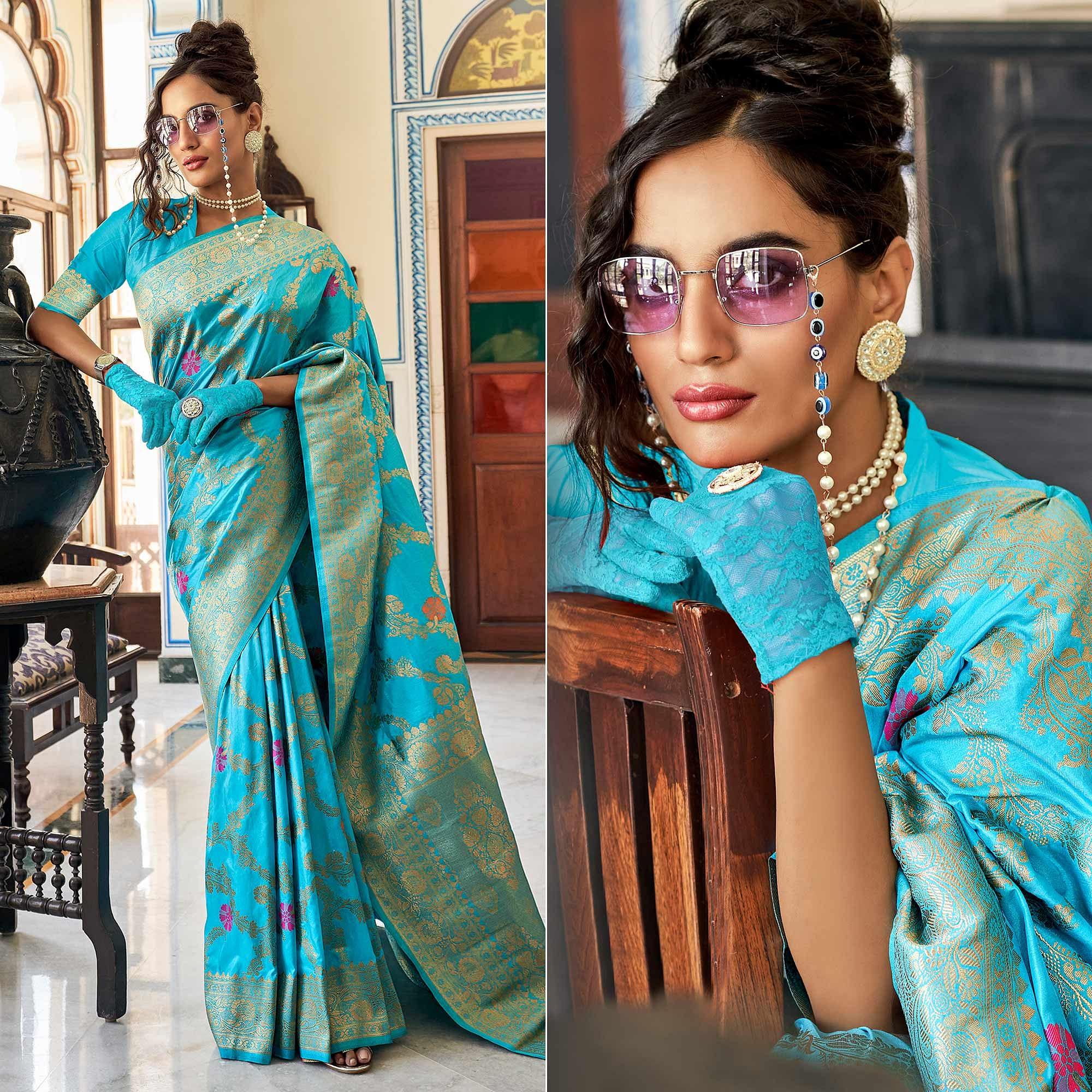 Firozi Festive Wear Woven Silk Saree With Tassels - Peachmode