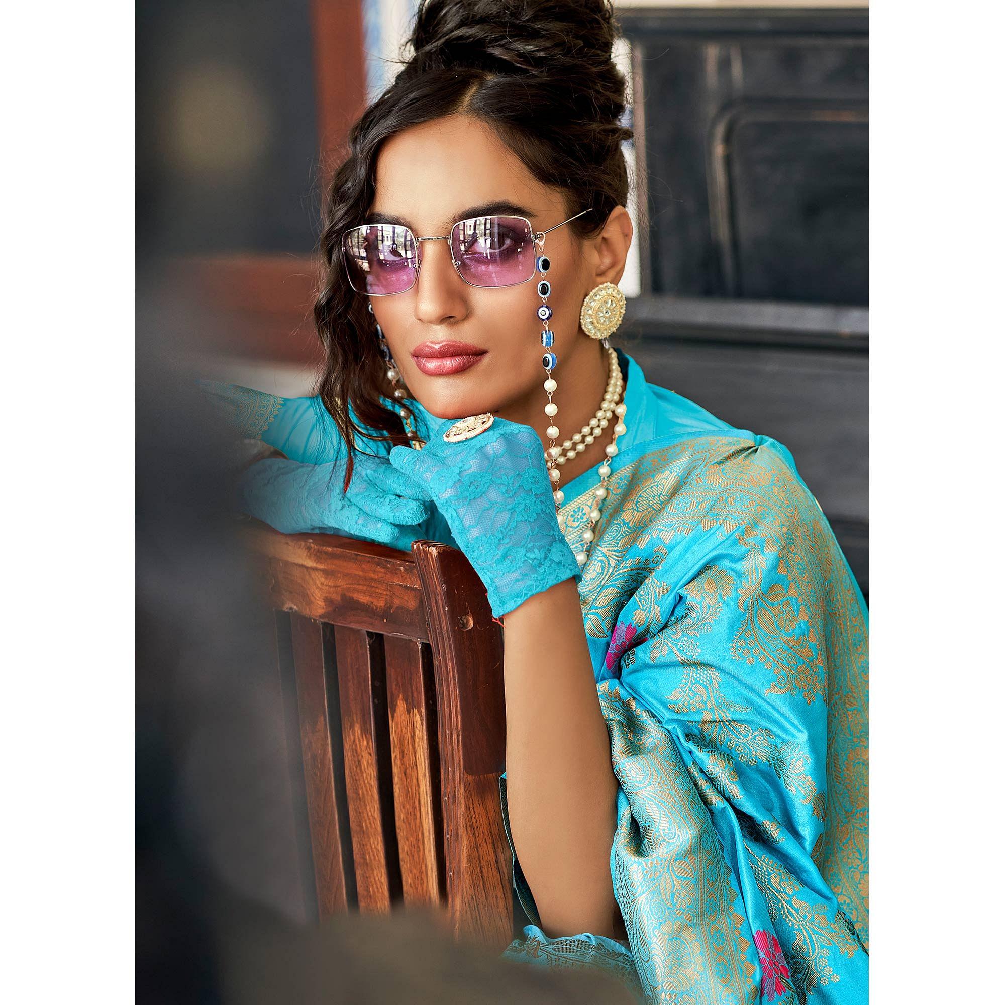 Firozi Festive Wear Woven Silk Saree With Tassels - Peachmode