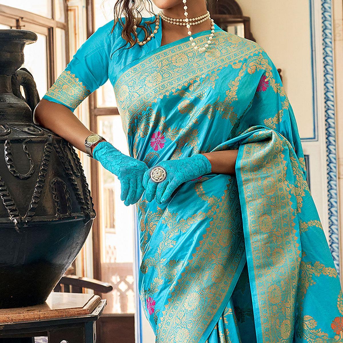 Firozi Festive Wear Woven Silk Saree With Tassels - Peachmode