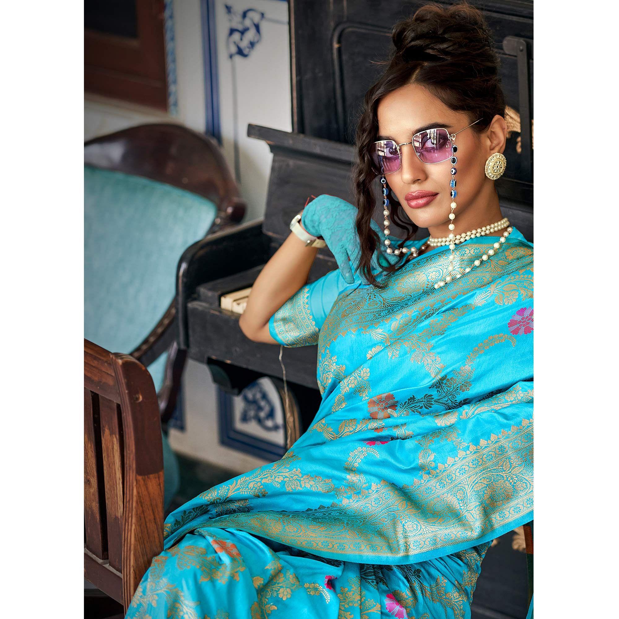 Firozi Festive Wear Woven Silk Saree With Tassels - Peachmode