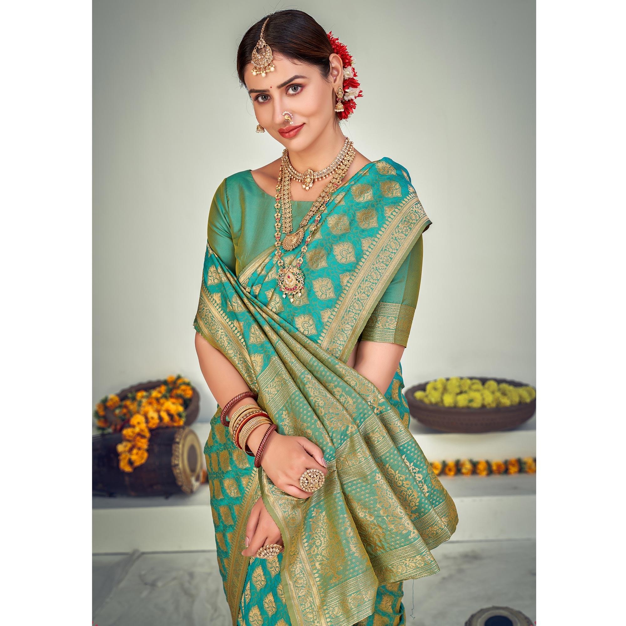 Firozi Festive Wear Zari Woven Banarasi Silk Saree - Peachmode