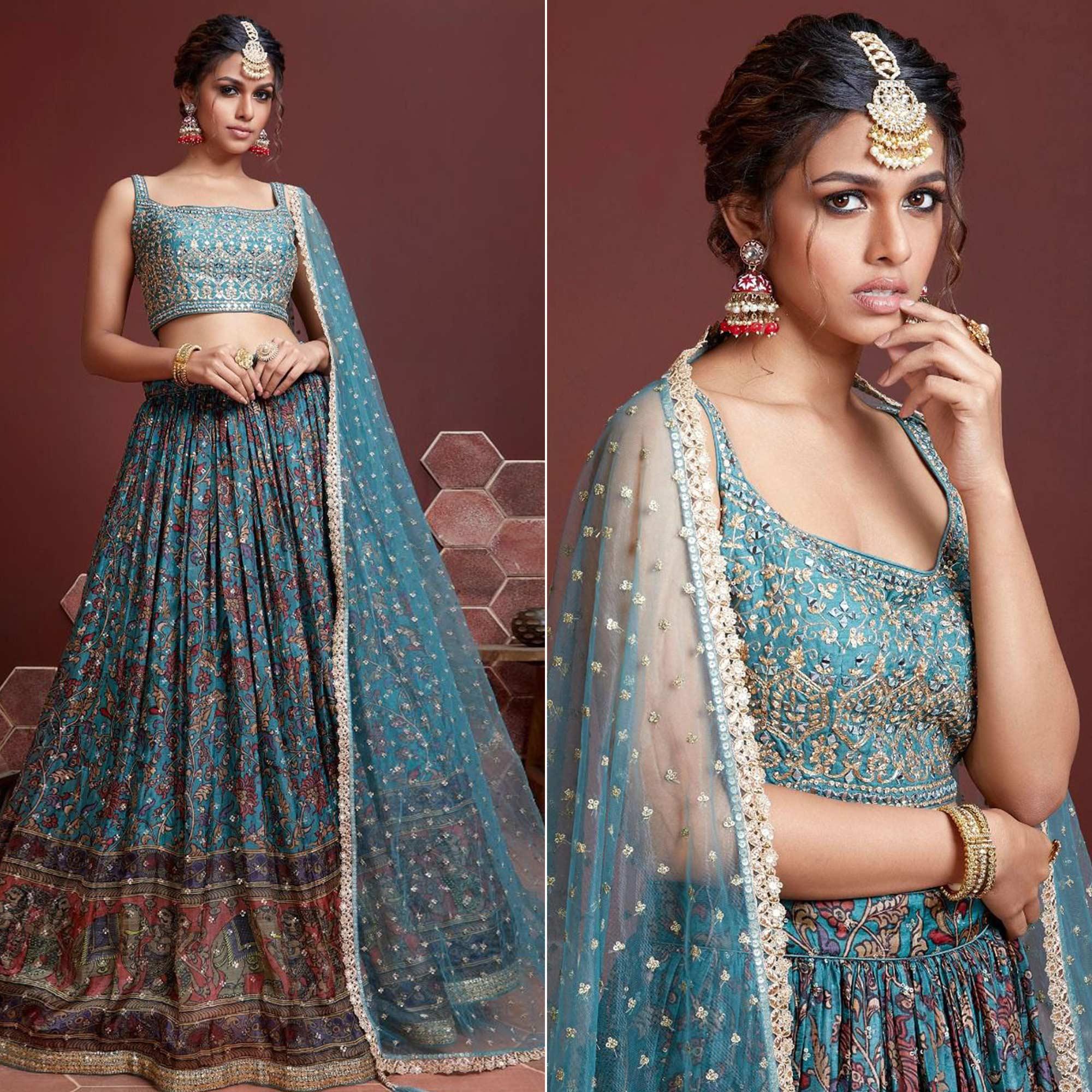 Firozi Party Wear Embroidered & embellished Silk Lehenga Choli - Peachmode