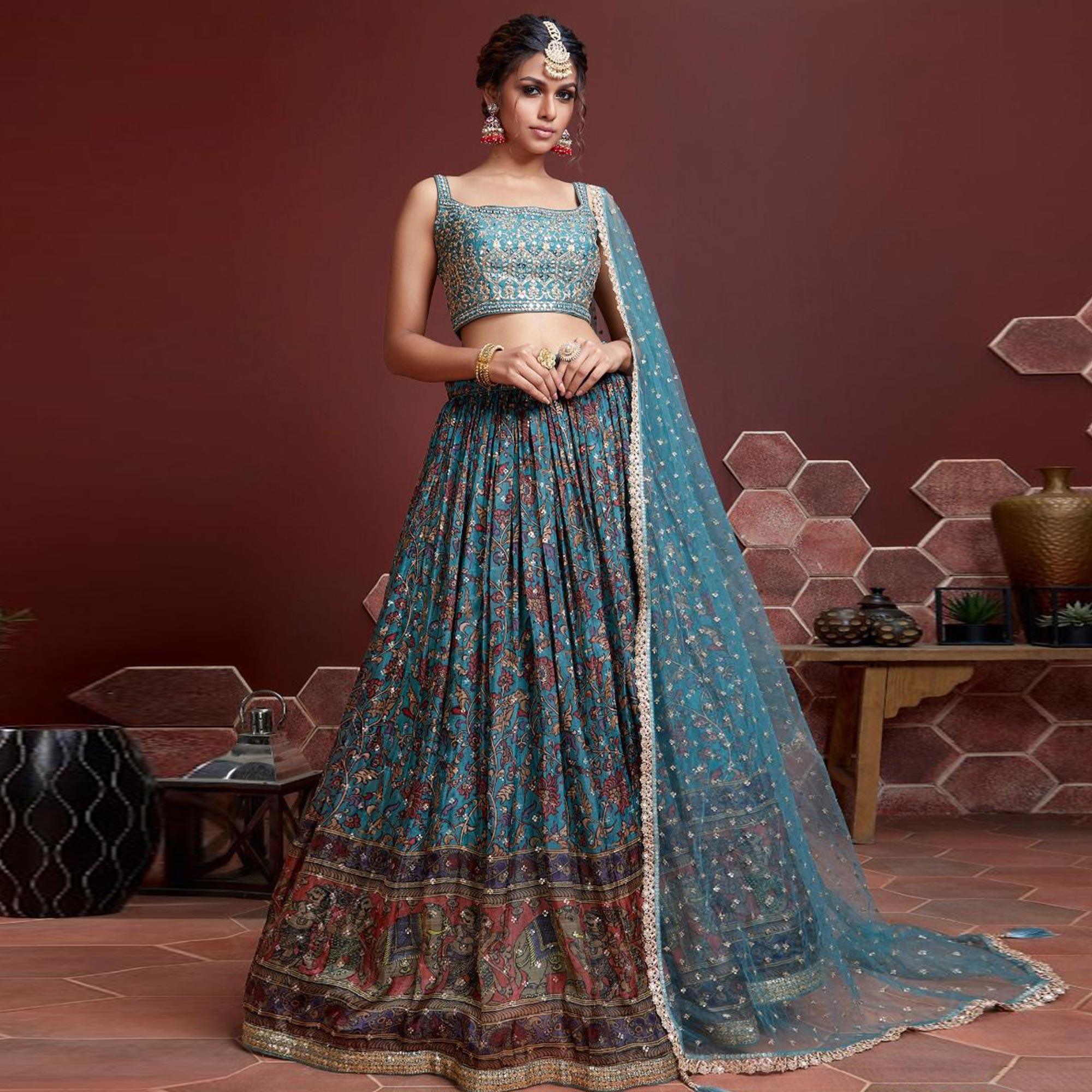 Firozi Party Wear Embroidered & embellished Silk Lehenga Choli - Peachmode