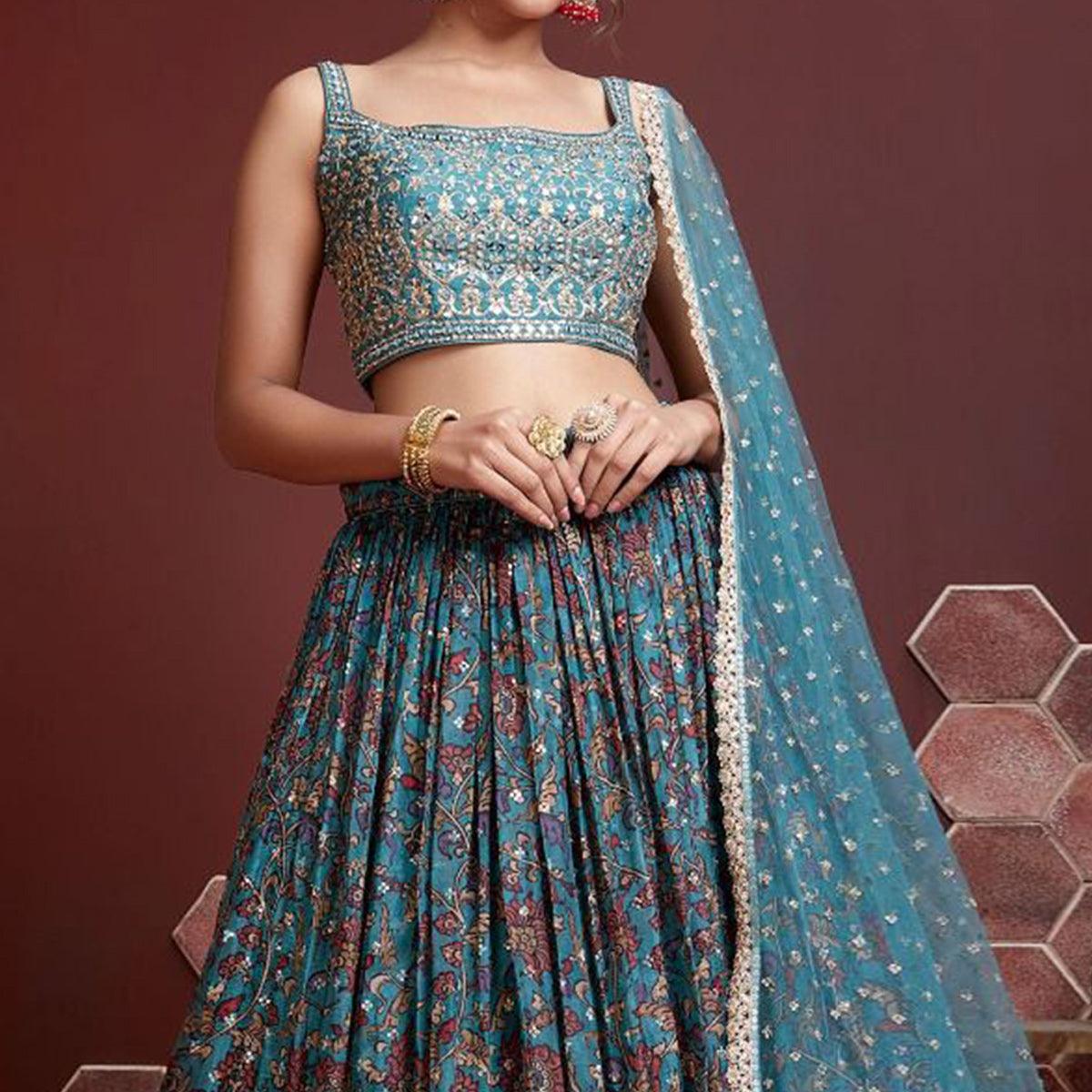 Firozi Party Wear Embroidered & embellished Silk Lehenga Choli - Peachmode