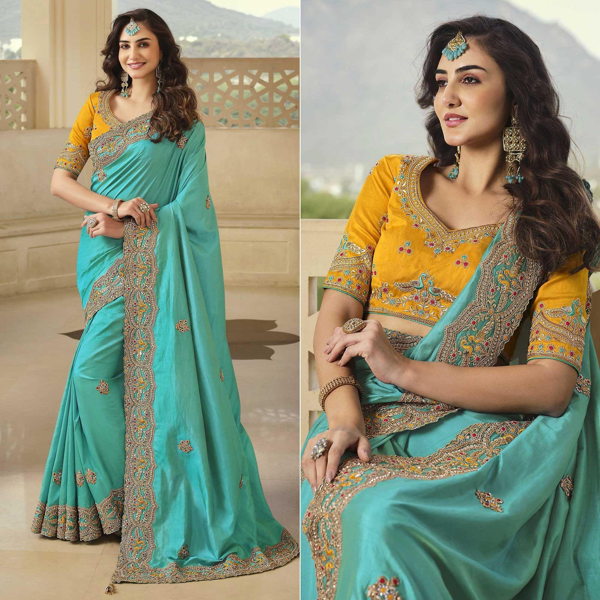 Firozi Party Wear Embroidered Satin Saree - Peachmode