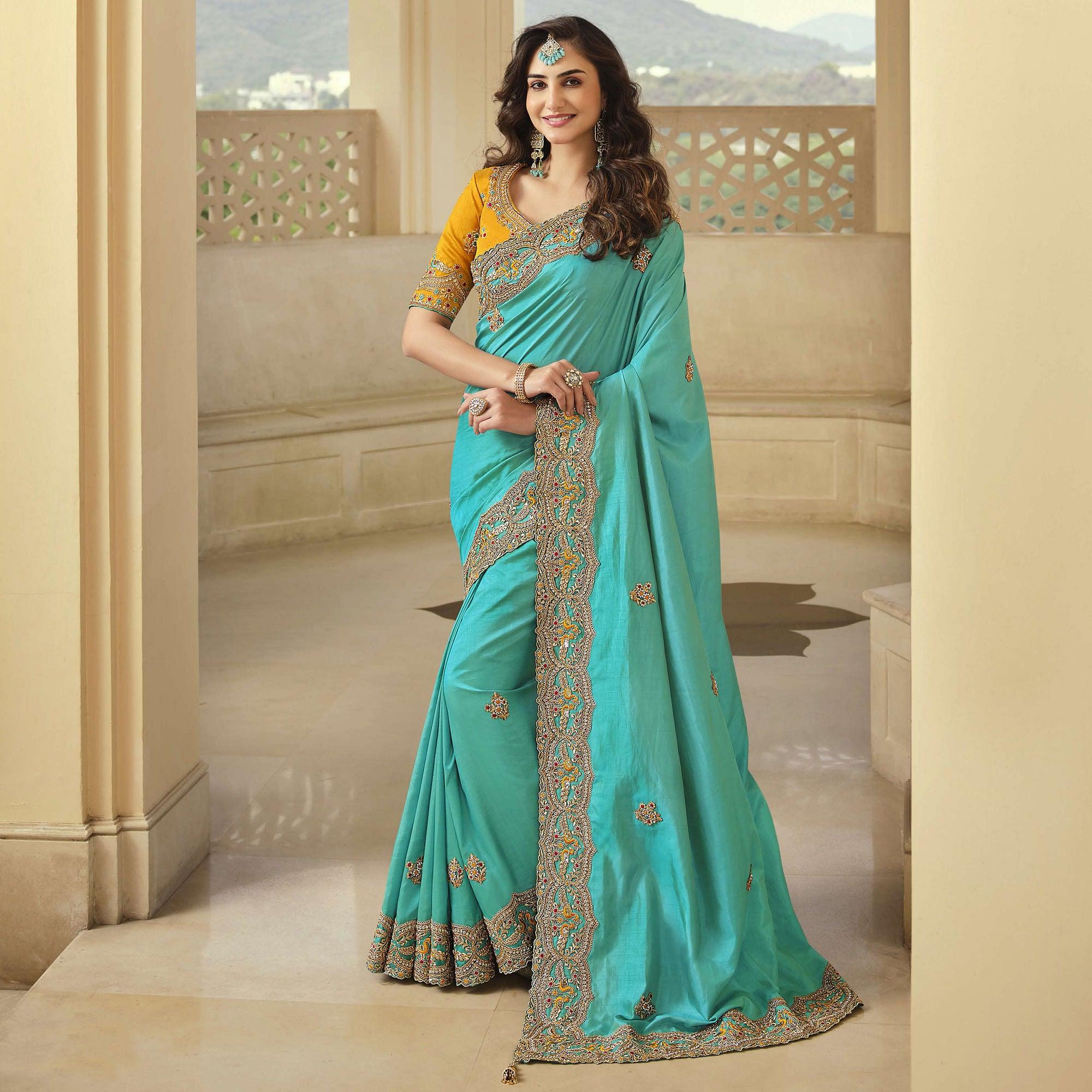Firozi Party Wear Embroidered Satin Saree - Peachmode