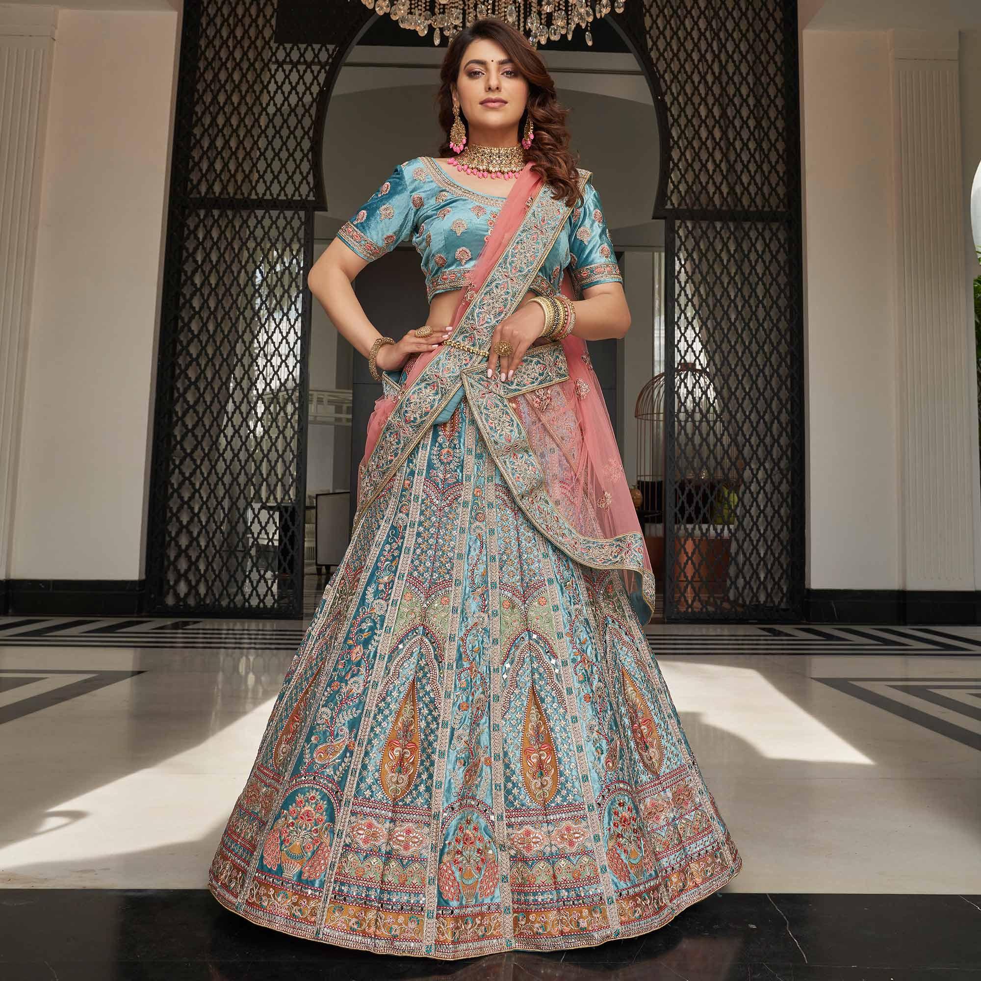 Firozi Partywear Sequence Floral Embroidered Velvet Lehenga Choli - Peachmode
