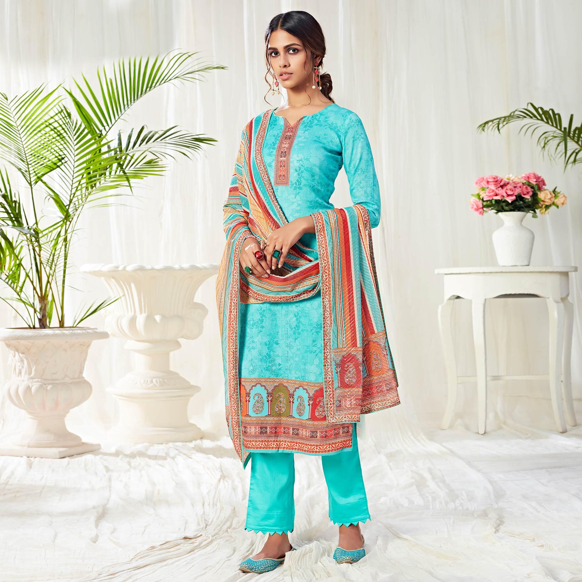 Flamboyant Auqa Blue Colored Partywear Digital Printed Cotton Suit - Peachmode