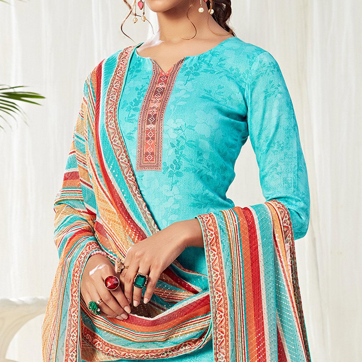 Flamboyant Auqa Blue Colored Partywear Digital Printed Cotton Suit - Peachmode