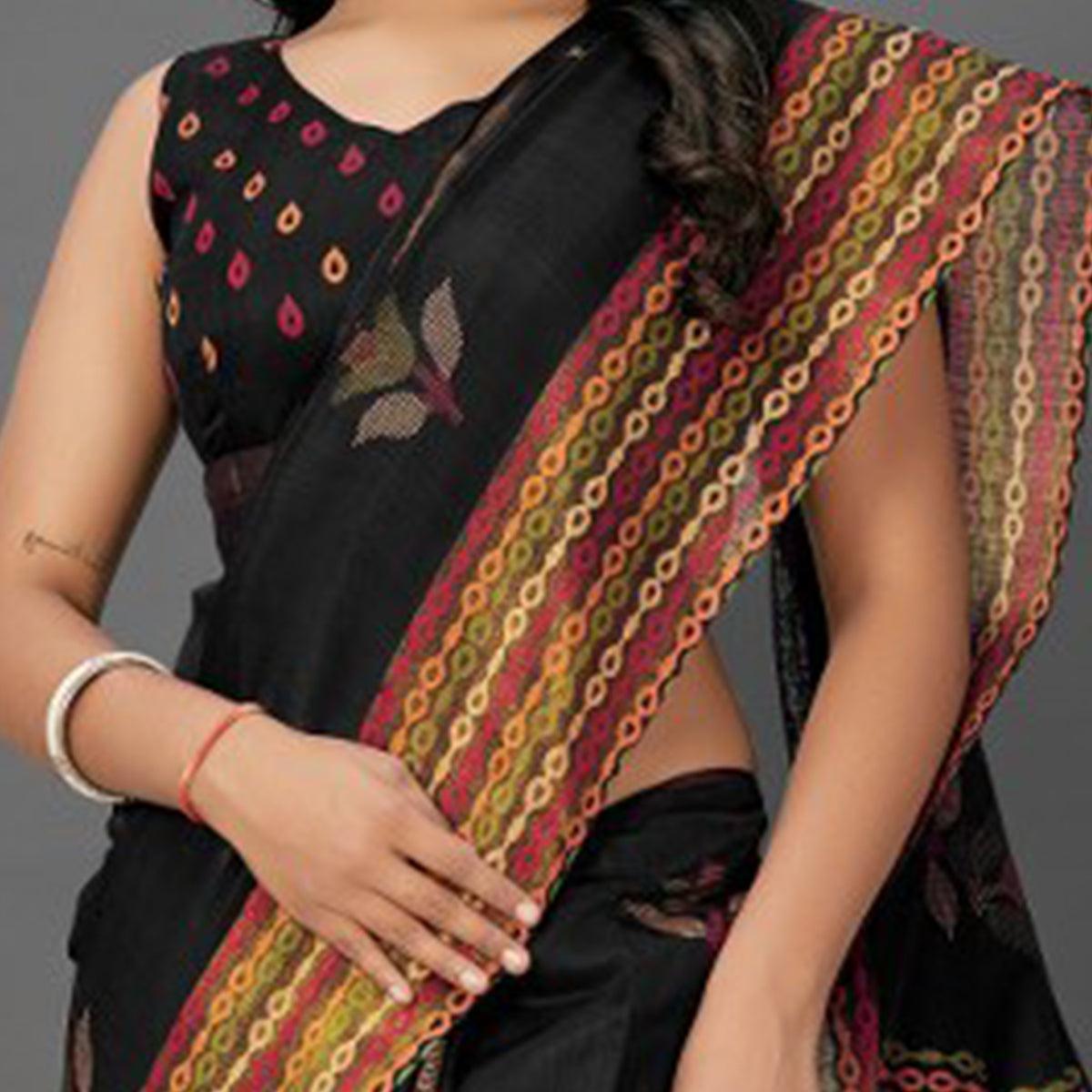 Flamboyant Black Colored Casual Wear Printed Cotton Saree - Peachmode