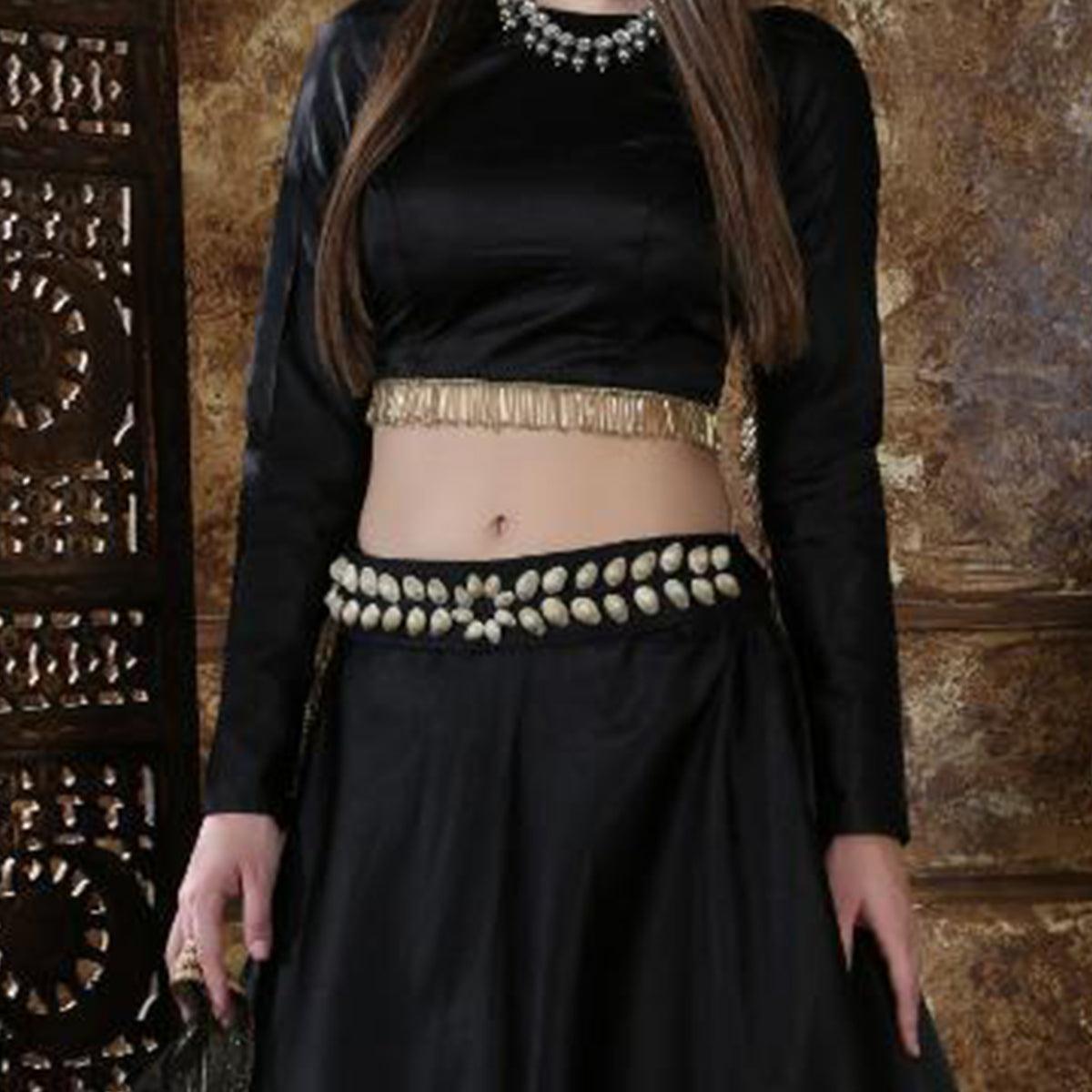 Flamboyant Black Colored Party Wear Taffeta Satin Lehenga Choli - Peachmode