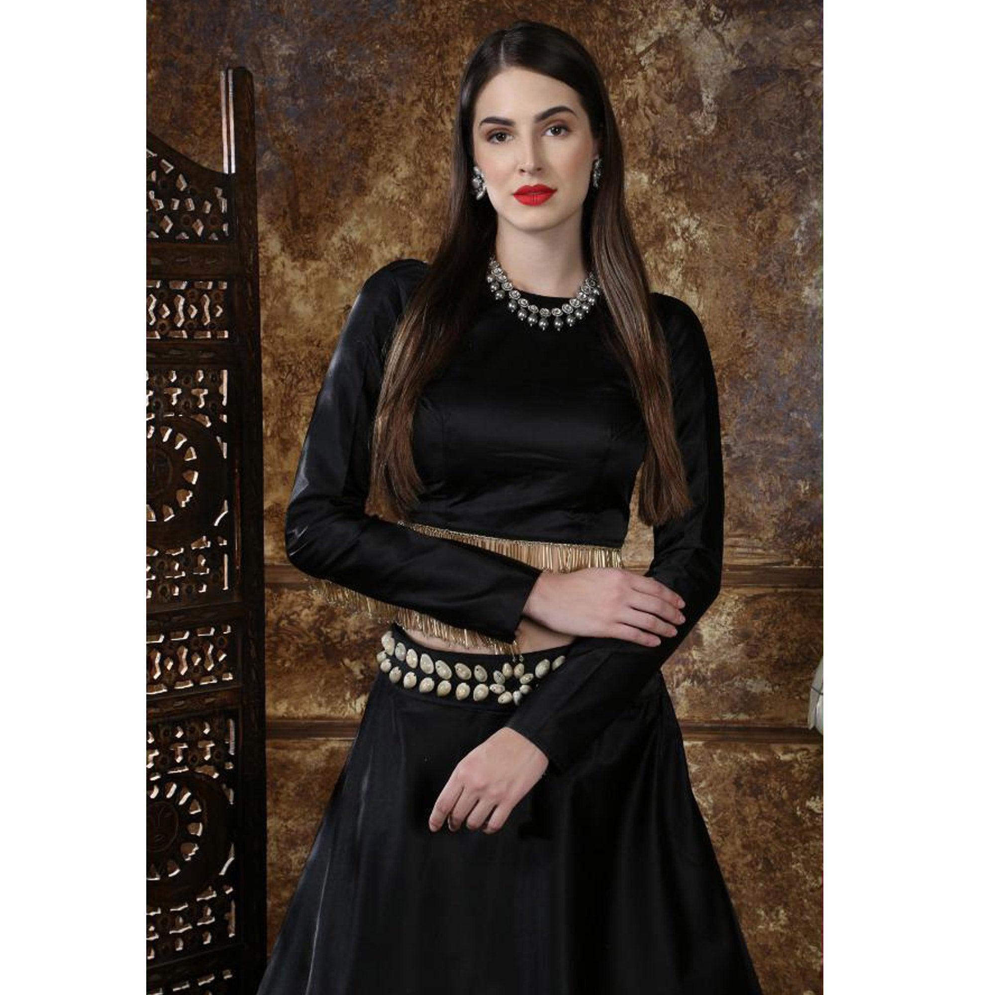 Flamboyant Black Colored Party Wear Taffeta Satin Lehenga Choli - Peachmode