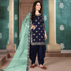 Flamboyant Blue Colored Designer Partywear Embroidered Heavy Art Silk Patiala Suit - Peachmode